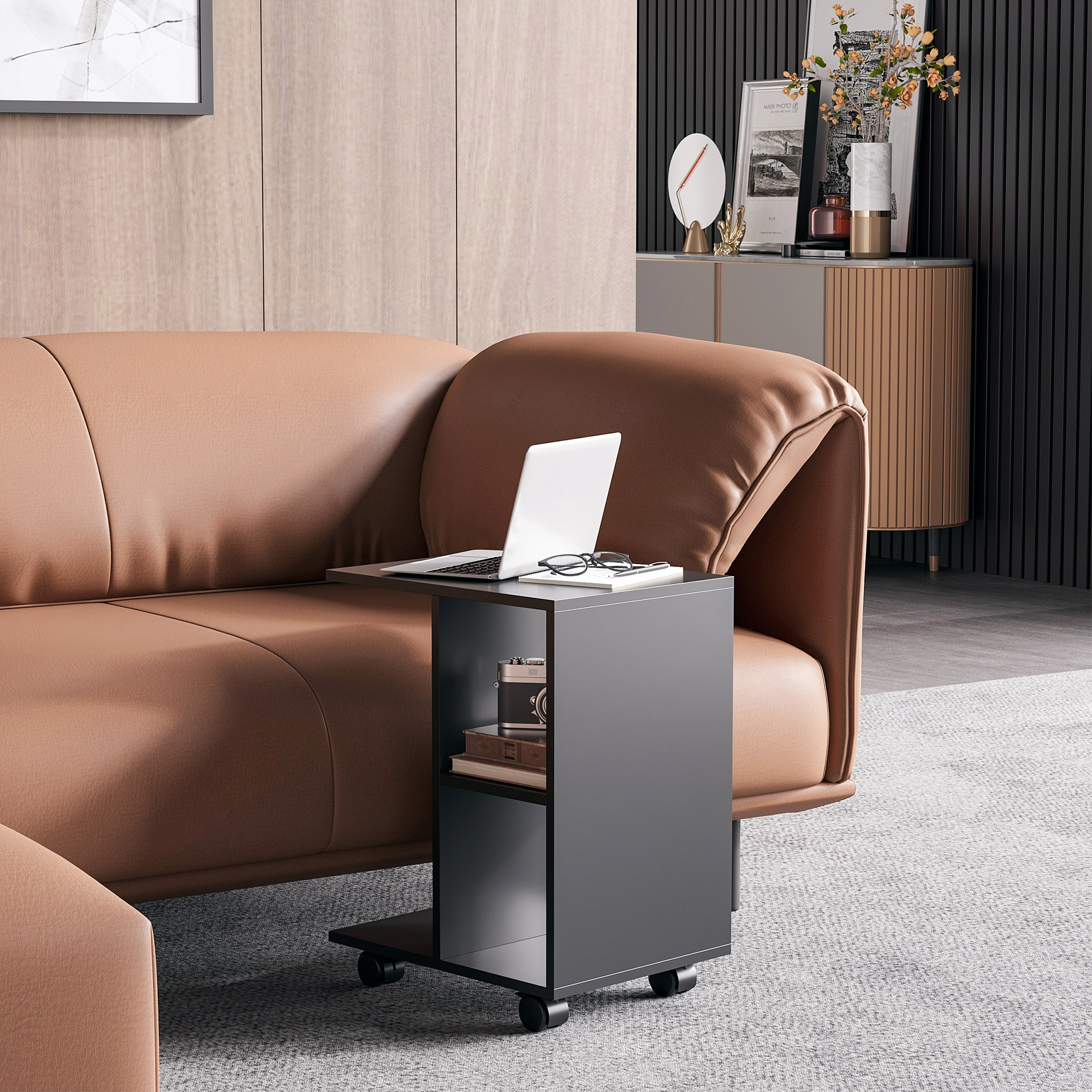  Masa laterala in forma de C cu 2 rafturi deschise si 4 roti pivotante, PAL, 45x35x58cm, negru [1]