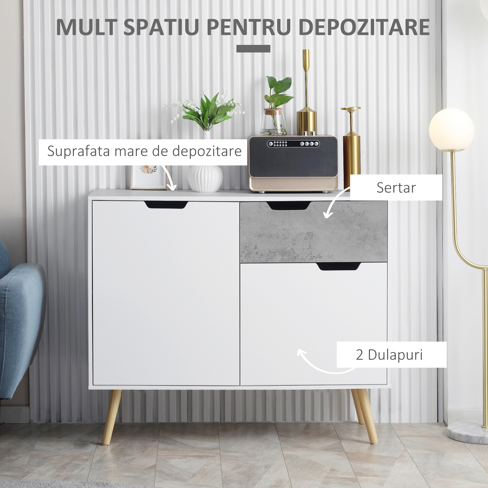  Dulap modern pentru depozitare, dulap decorativ cu sertar, 2 usi pentru dormitor, living, hol, gri deschis [3]