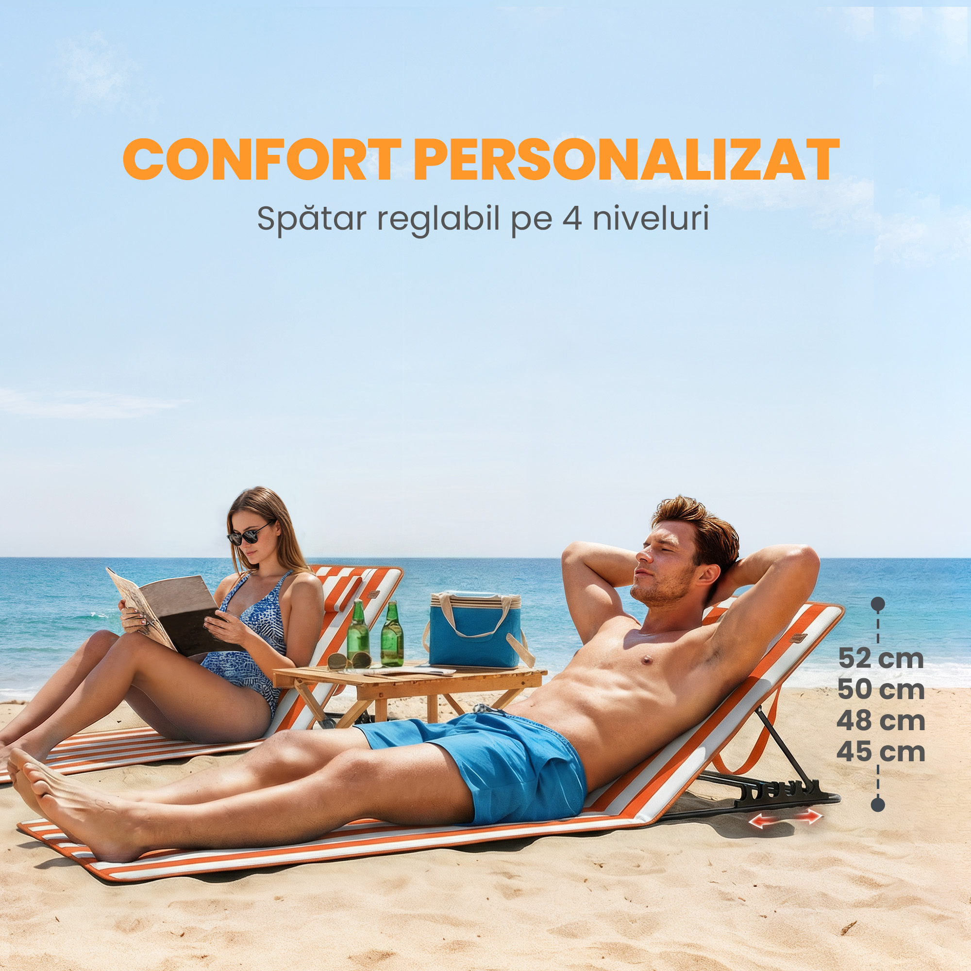 Set 2 sezlonguri Pliabile Portabile pentru Plaja, Spatar Reglabil, Portocaliu. [3]