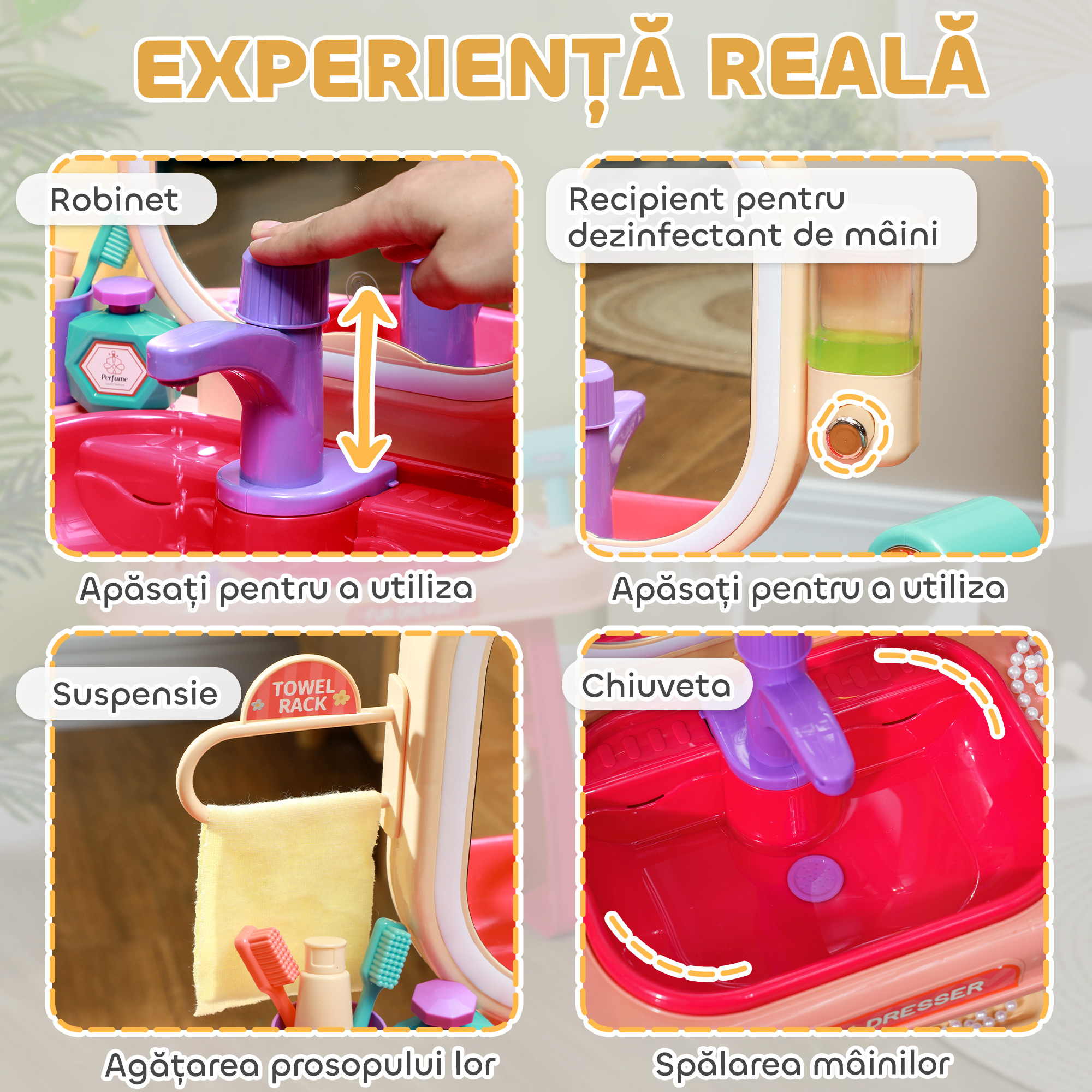  Masa de Toaleta pentru Fetite 3-6 Ani cu Oglinda din Acrilic si Robinet, Jucarie pentru Copii din Plastic, 55x29x71 cm, Roz [4]