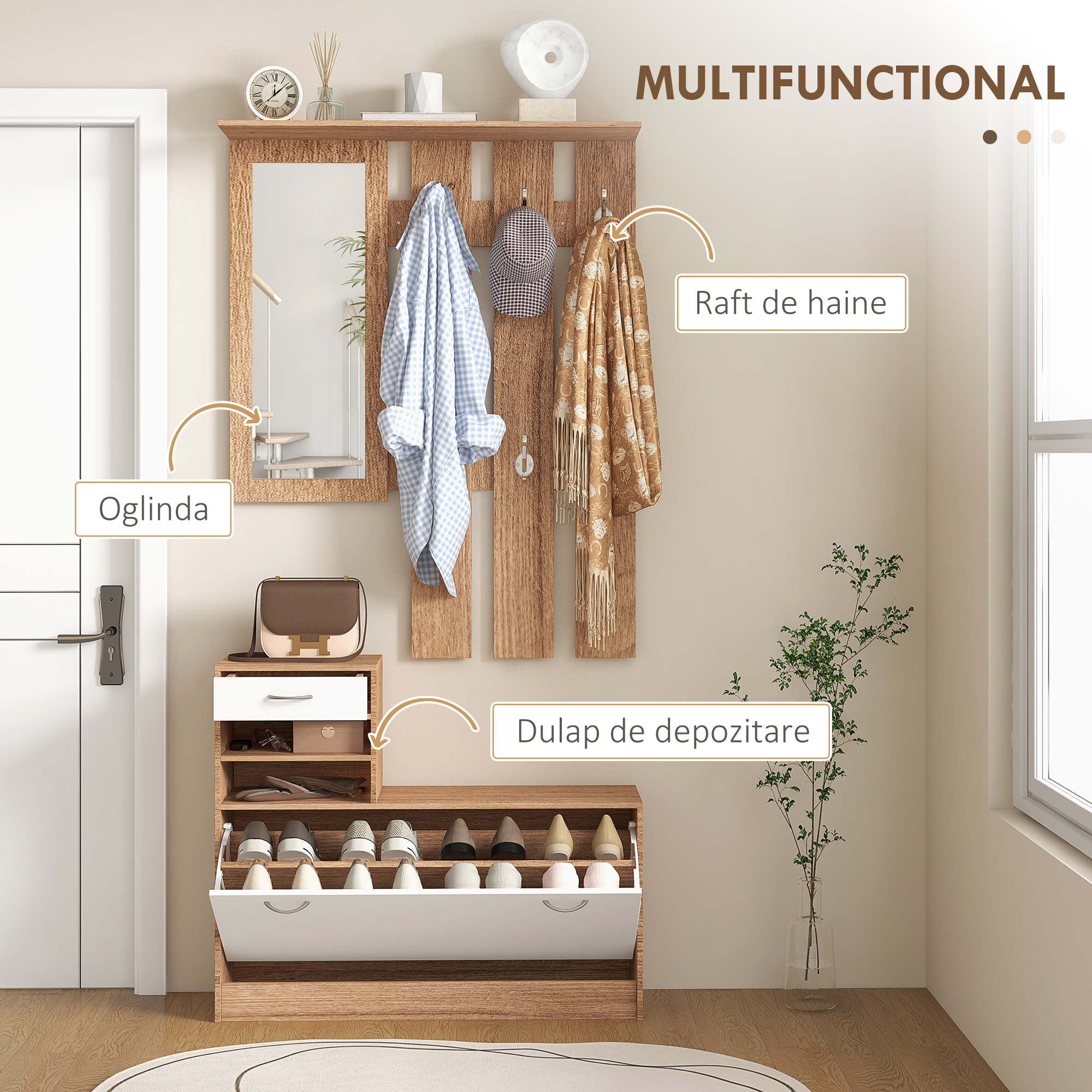  Set Mobilier Modern cu Etajera pentru Pantofi, Oglinda cu 6 Carlige, 2 Rafturi si Sertare, 90x24x177 cm, Lemn Natural [3]