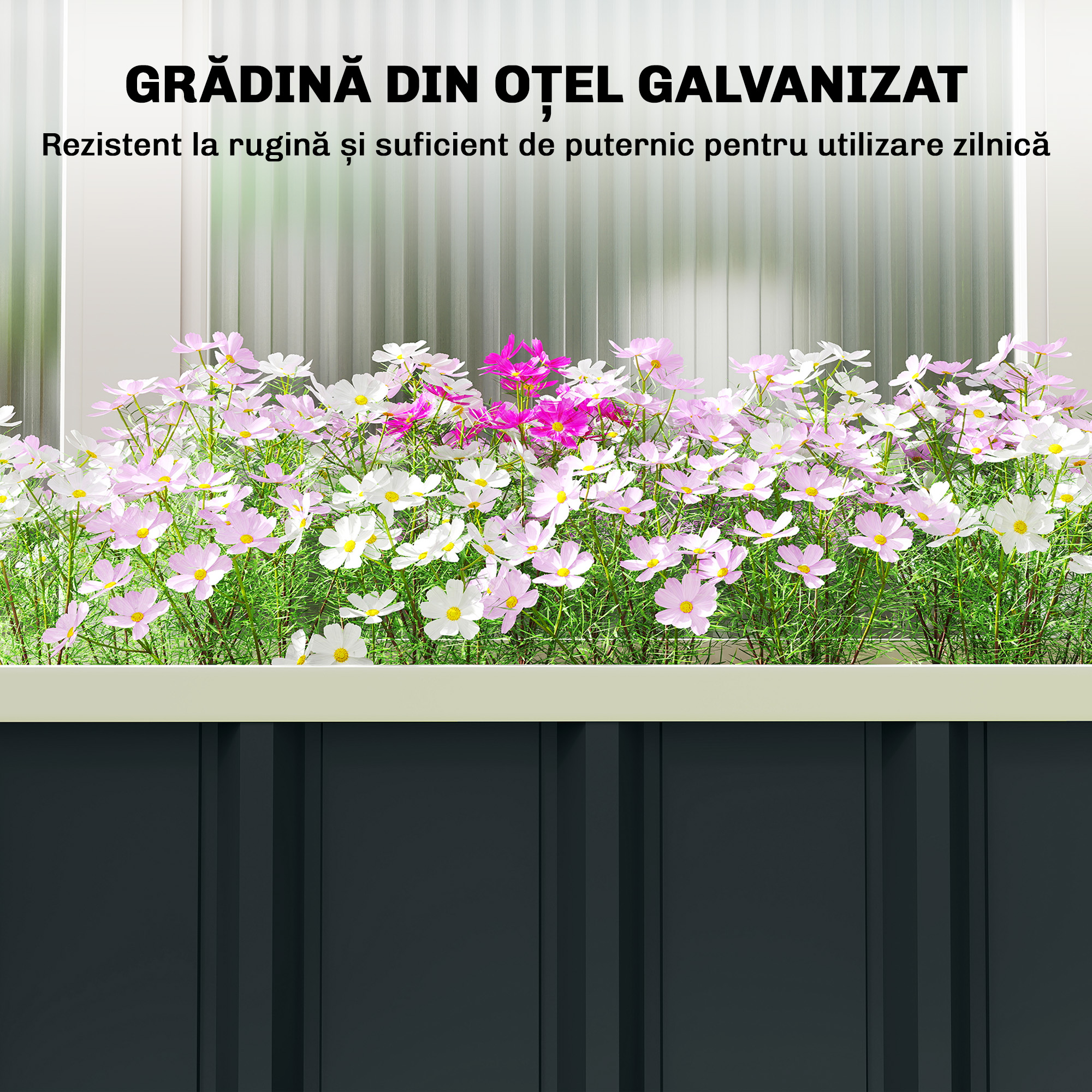  Pat de Gradina Ridicat pentru Exterior cu Baza Deschisa, Manusi, Margini Pliate, Jardiniera din Otel Galvanizat, pentru Plante, Flori, Legume, Balcon Gradina, 136x52x31 cm, Gri inchis [5]