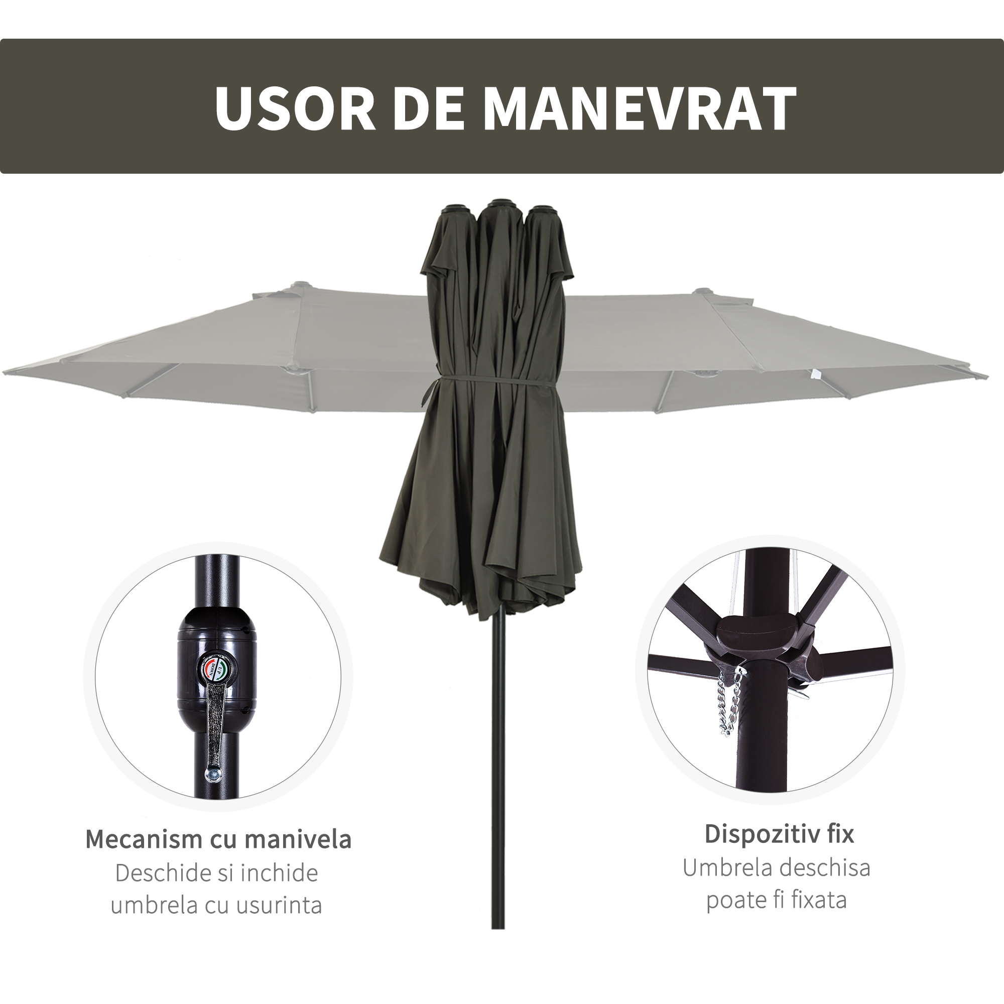  Umbrela Dubla Acoperis de Soare pentru Gradina Extern Tesatura Poliester Gri 2.7*4.6*2.4 [4]