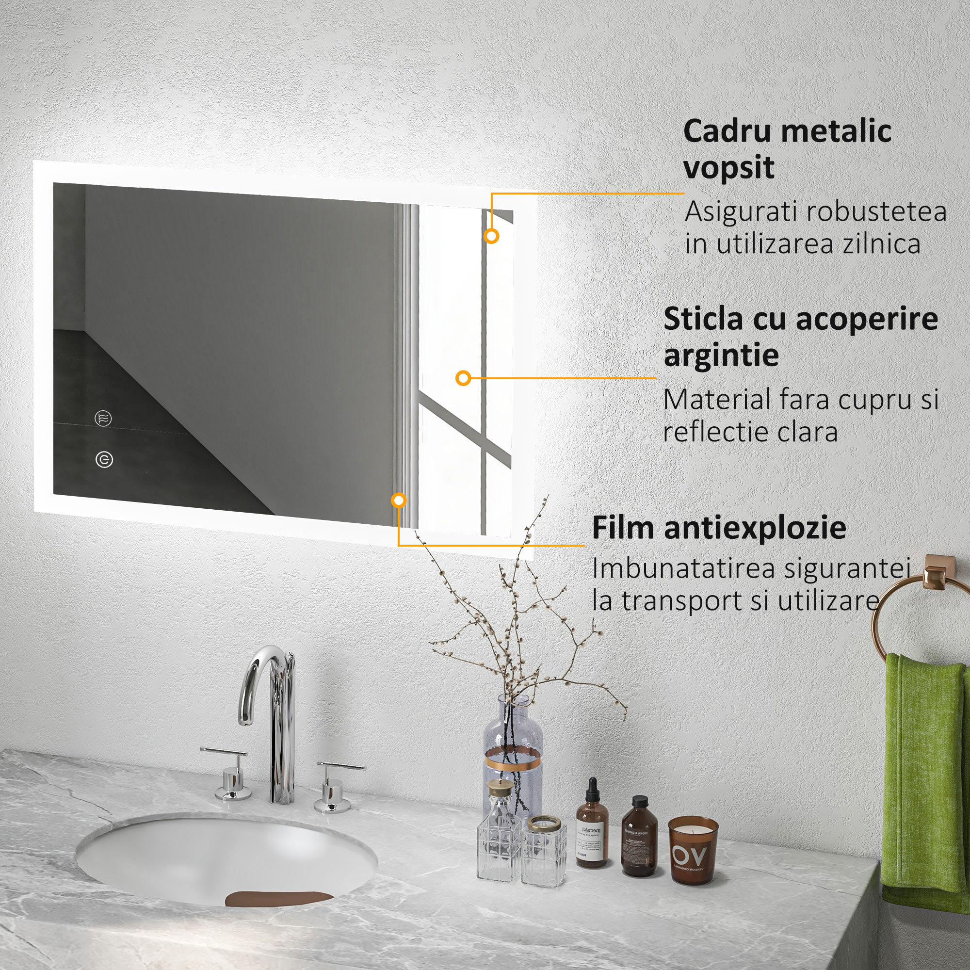  Oglinda de baie cu lumini LED reglabila, control tactil si functie anti-aburire, 70x50 cm [6]