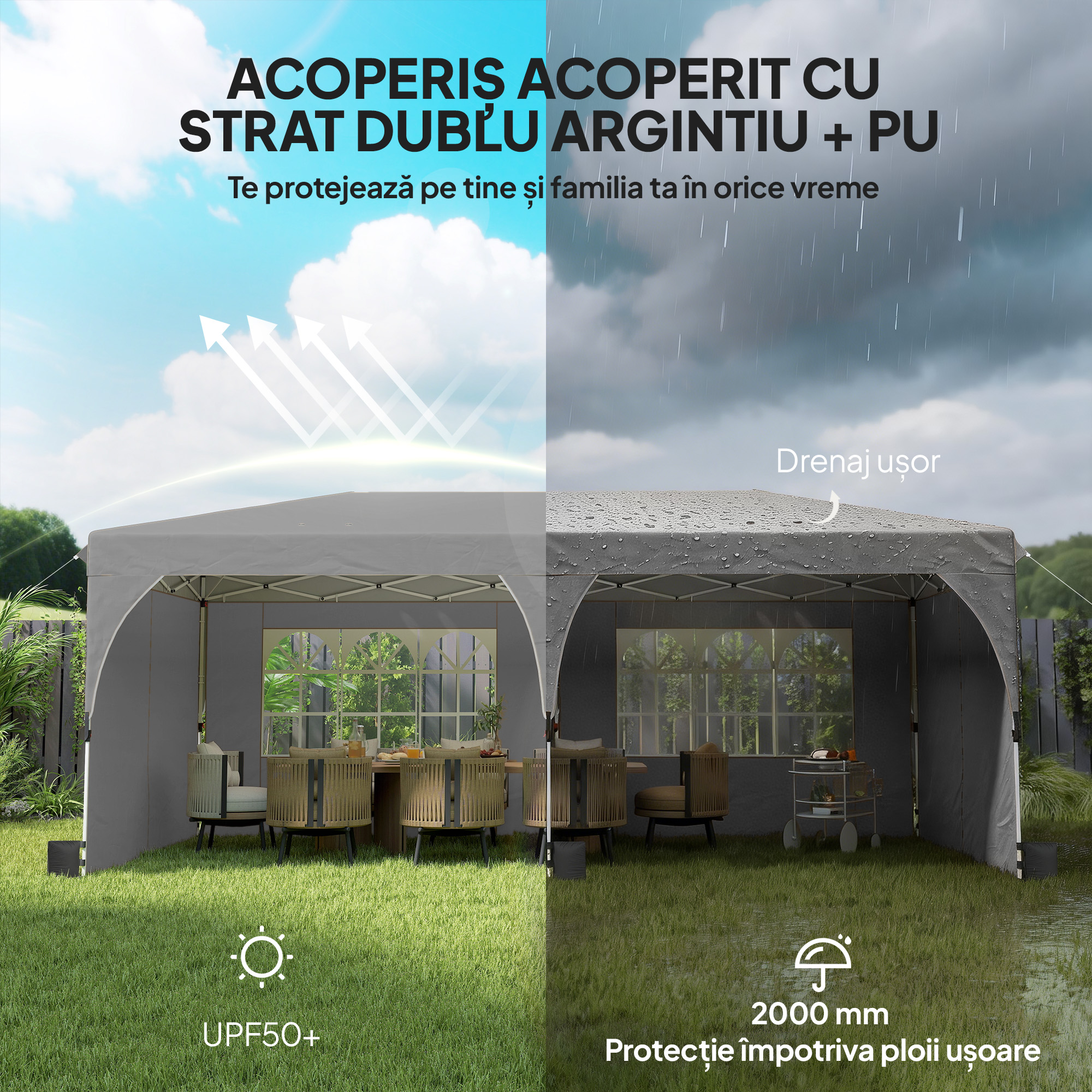  Gazebo 3x6 m Pliabil Pop Up cu inaltime Reglabila, Gazebo Exterior cu Benzi Reflectorizante, Pereti Laterali, Saci de Nisip, Geanta de Transport, UV50+, pentru Camping, Petreceri, Gri Deschis [3]