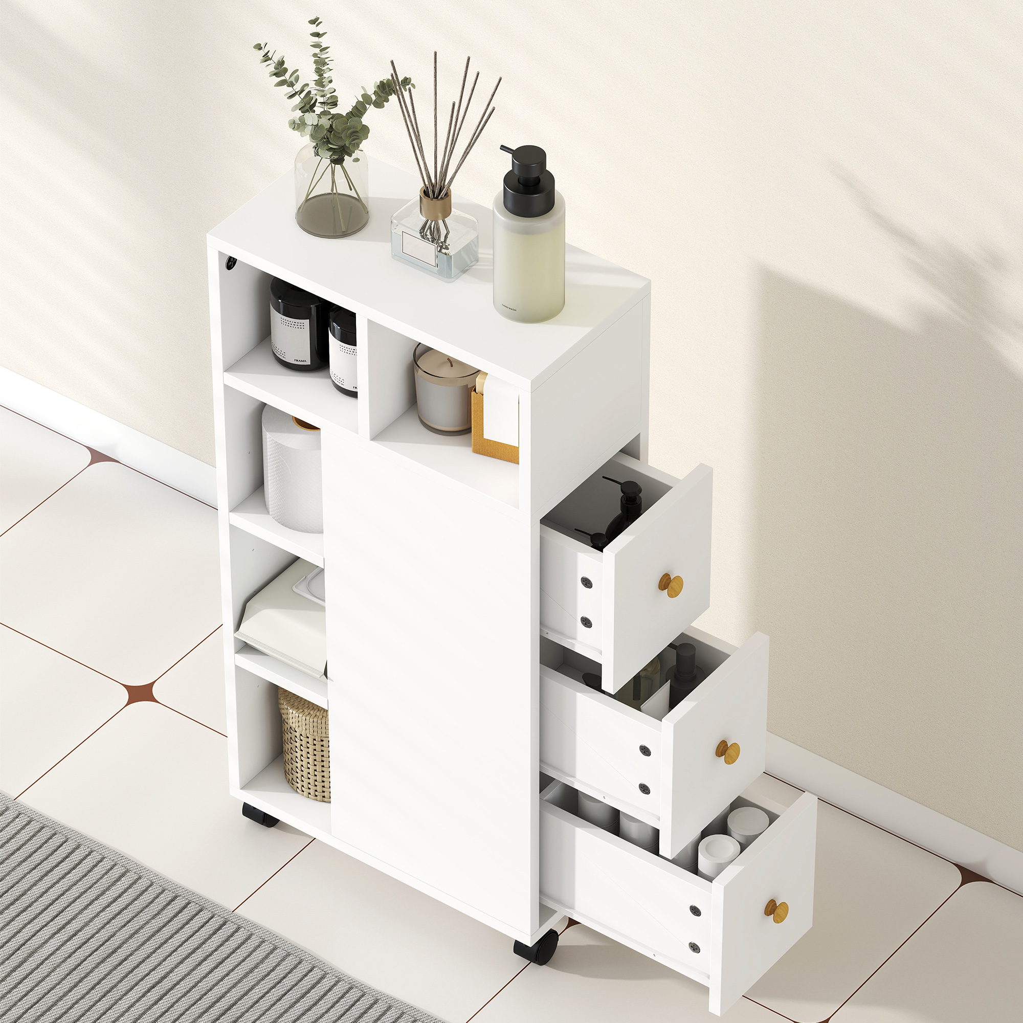  Dulap de baie cu economisire de spatiu, pe roti, 3 sertare si 5 rafturi reglabile, 20x40x80 cm, alb [8]