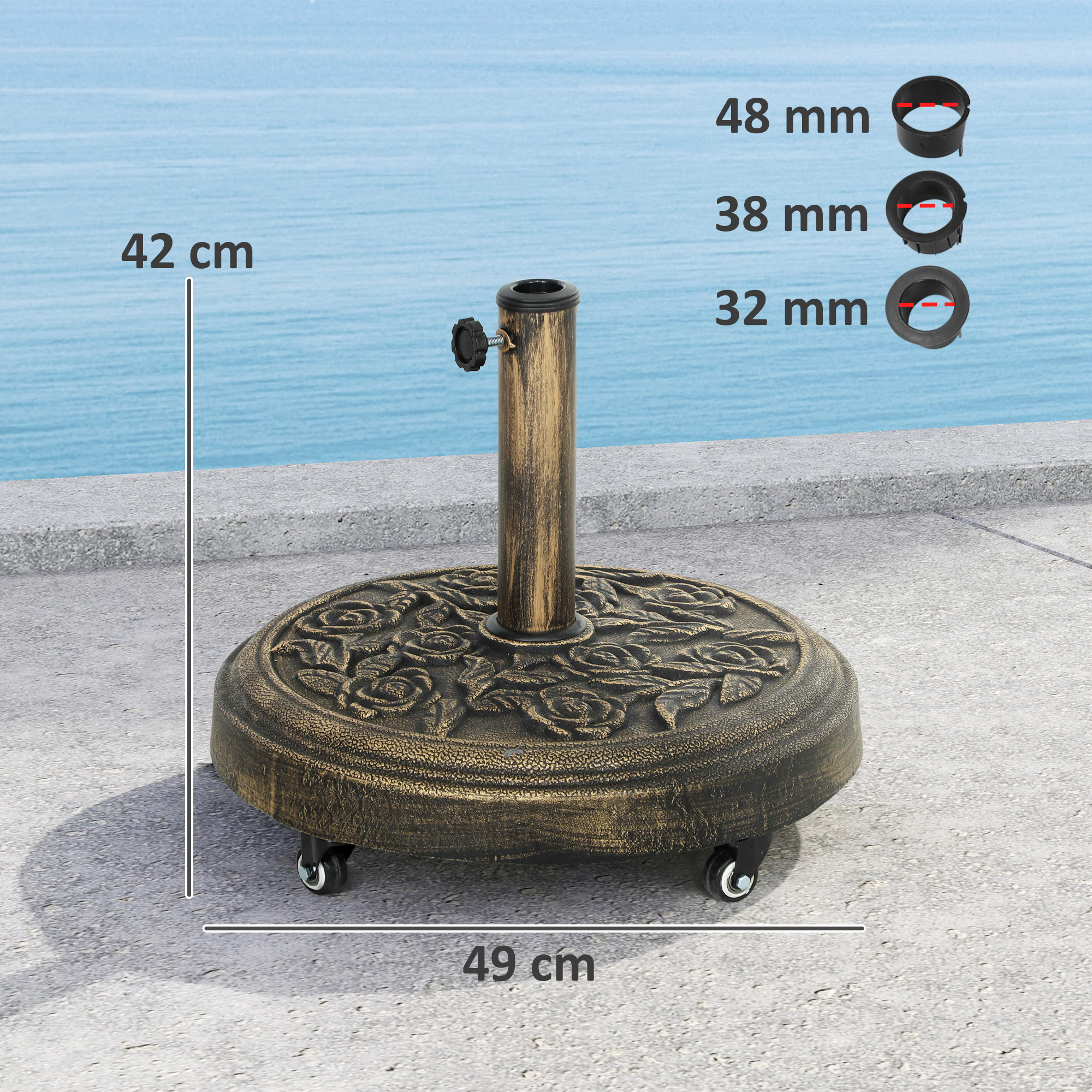  Baza Rotunda pentru Umbrela, 21 kg, Suport din Rasina cu Roti si Stalp pentru Umbrele de 32mm/38mm/48mm, pentru Gradina, Terasa, Piscina, Bronz [2]