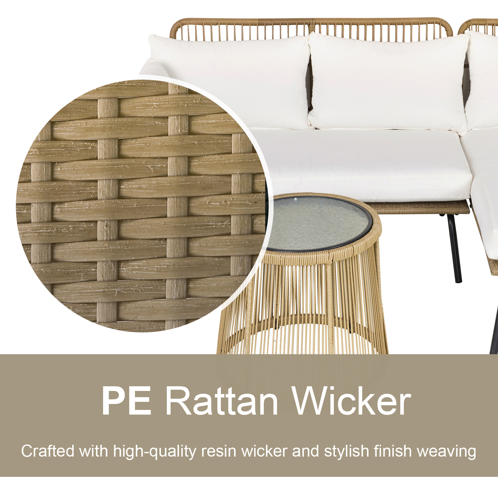  Set 3 Piesei Canapea 2 Locuri Sezlong si Masuta, Bej si Cafeniu [6]