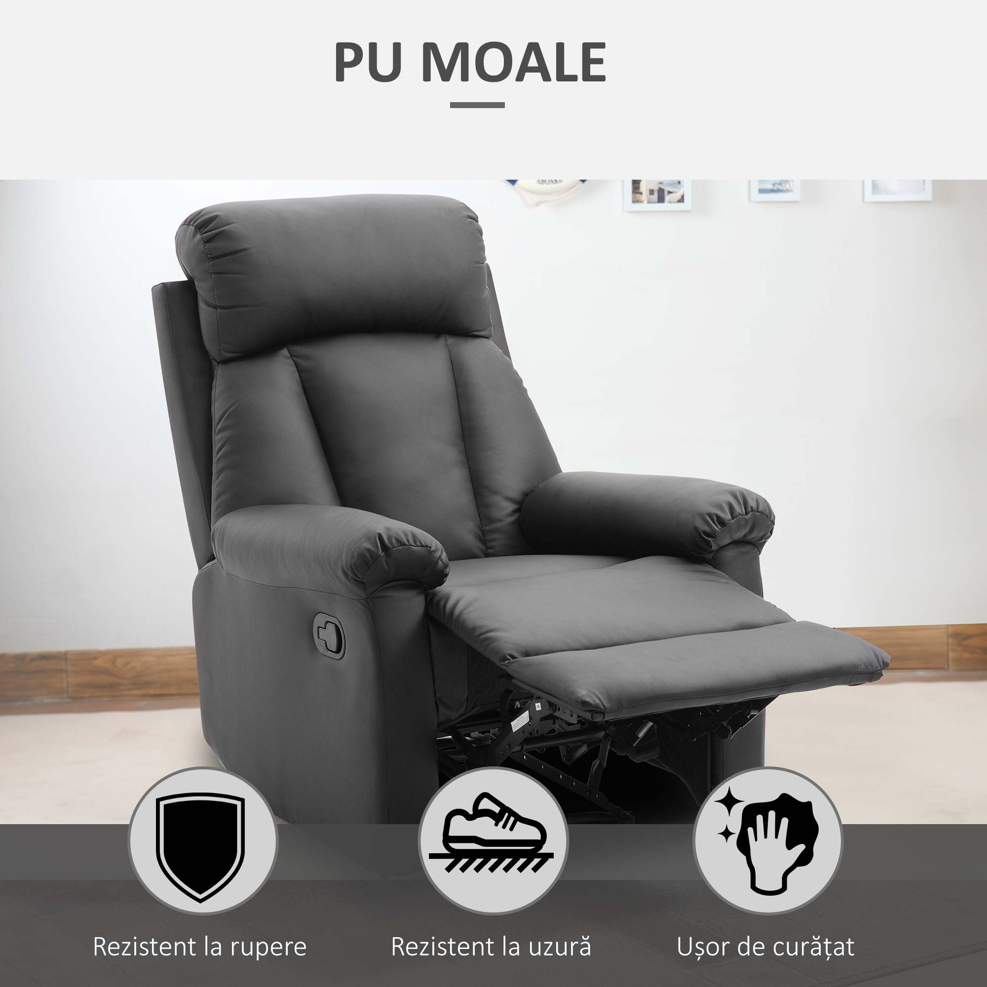  Fotoliu Relax Rabatabil cu Captuseala Ergonomica cuTaburet in Piele Ecologica,80 × 97 × 107cm Negru [6]