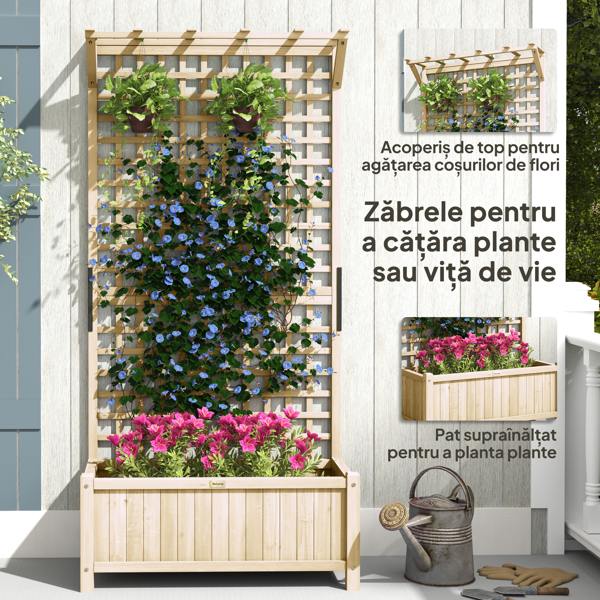  Jardiniera cu Gauri de Drenaj, Ghiveci din Lemn cu Spalier pentru Plante Cataratoare, pentru Cultivarea Legumelor, Florilor, Culoare Lemn Natural [4]
