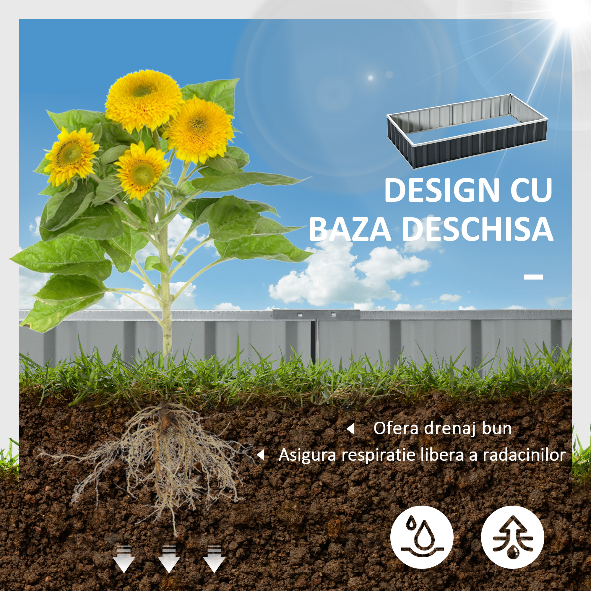  Pat de Gradina Inaltat din Tabla de Otel, 174x90x30cm [3]