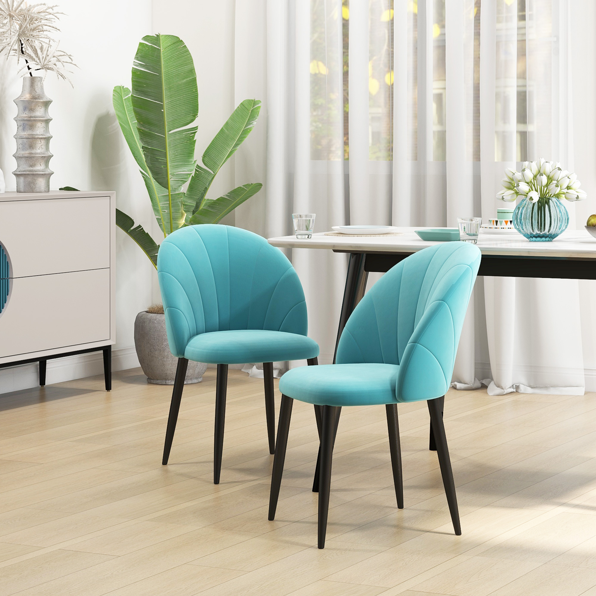  Set 2 scaune pentru camera de zi si sufragerie tapitate, cu design nordic si ergonomic, din metal si tapiterie cu efect de catifea verde deschis, 52x54x79 cm [8]