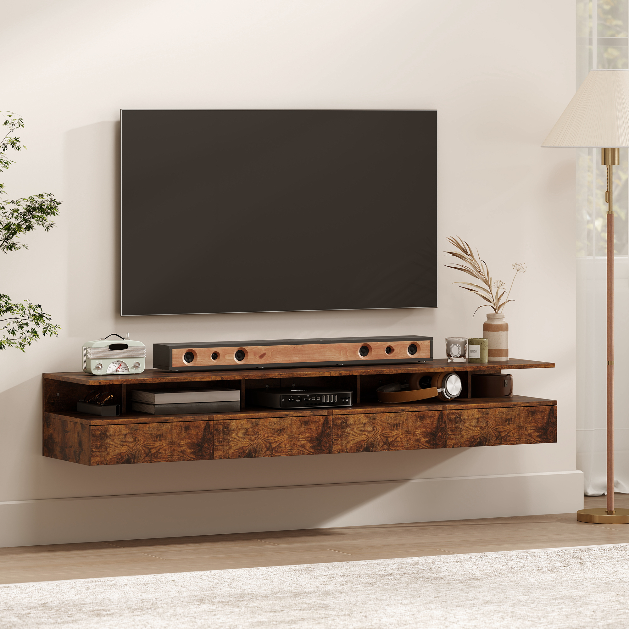  Set de 2 Noptiere Suspendate cu Sertar si Raft Deschis, 35x32x22.5 cm, Maro Rustic [7]