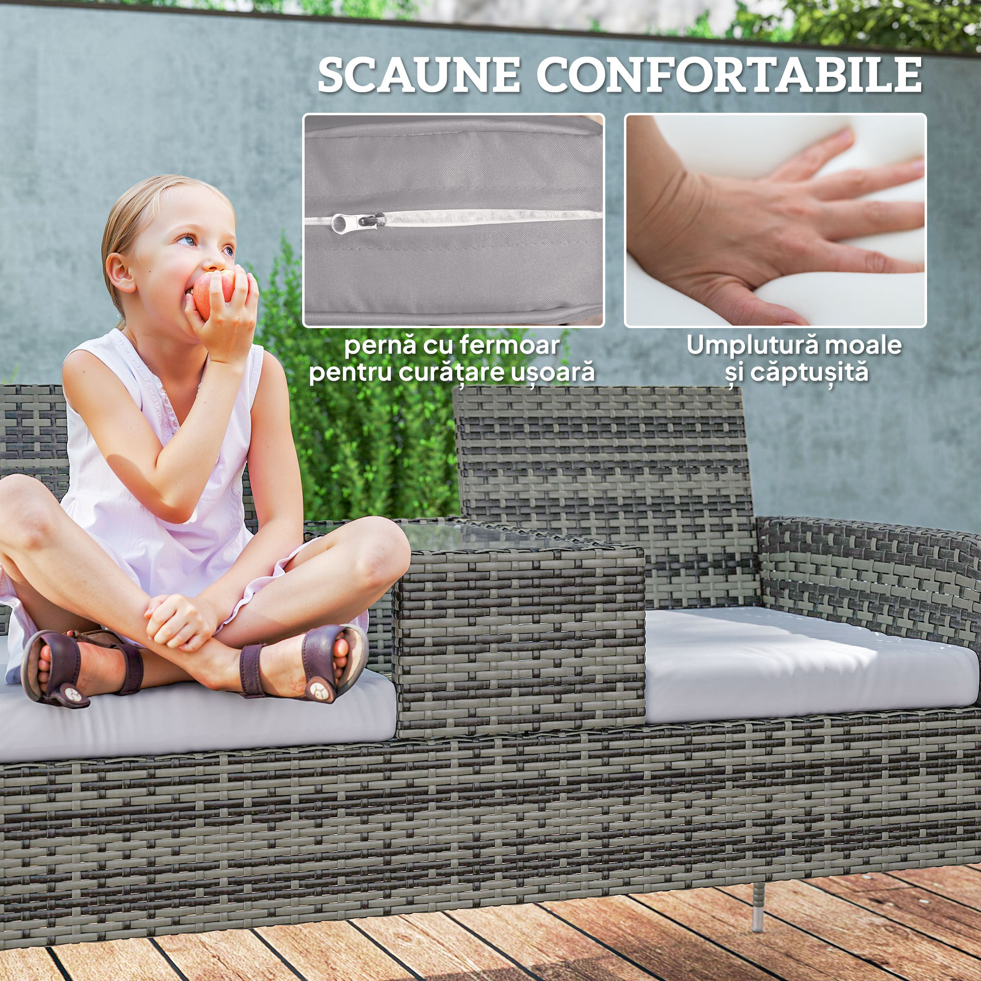  Bancheta de Exterior cu 2 Locuri si Masuta de Cafea, din Otel si Ratan PE, 137x59x82 cm, Gri [6]