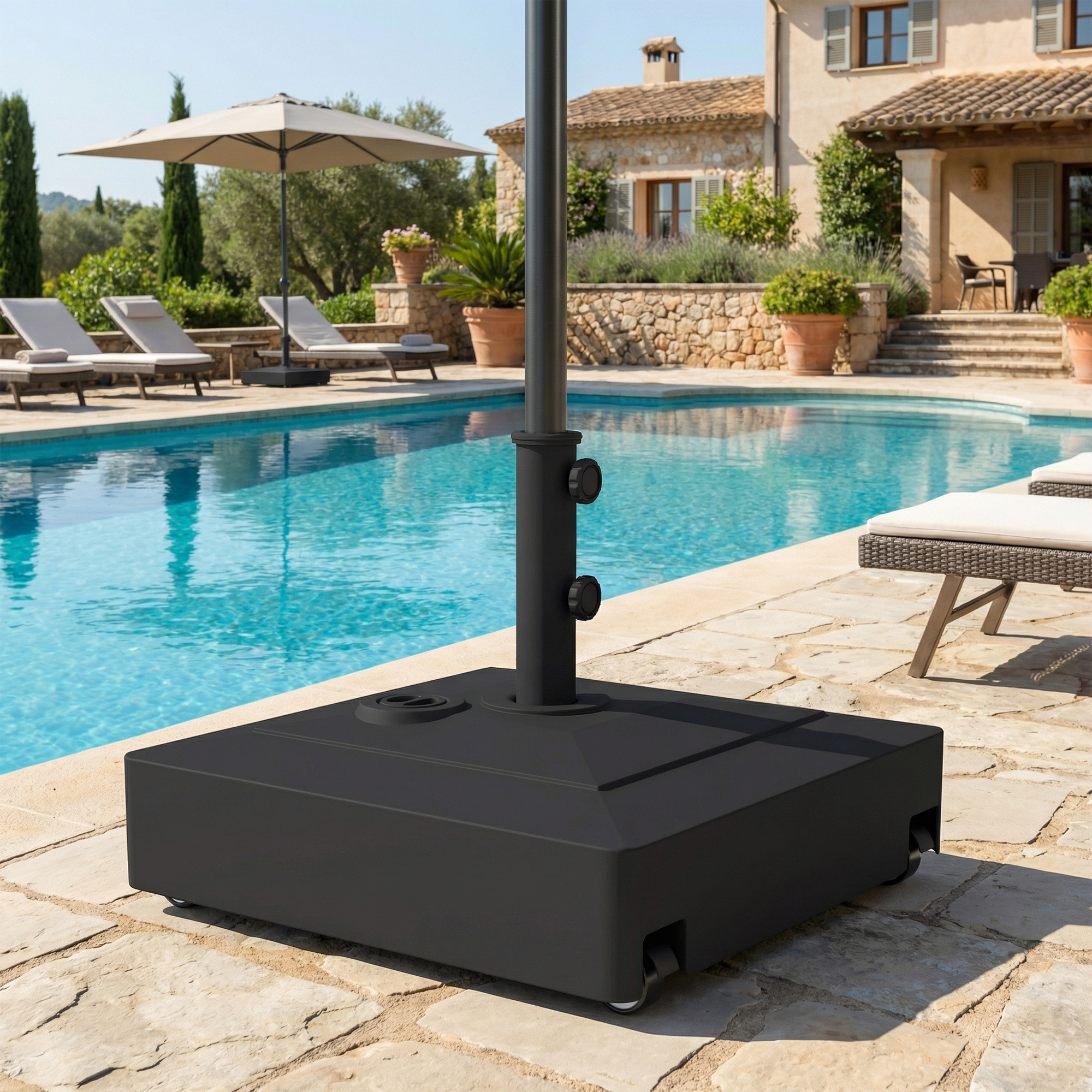  Baza pentru Umbrela cu Roti si Frane, Reumplere cu Apa 40kg/Nisip 61kg, pentru Stalpi de Ø35/38/48mm, Negru [7]