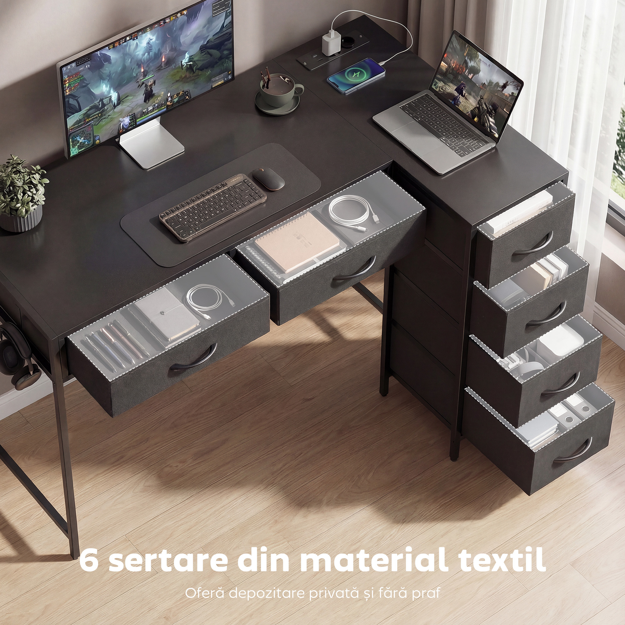  Birou de Colt Reversibil cu Prize de Curent si Porturi USB, 126 x 48 cm, Birou in Forma de L cu 6 Sertare din Material Textil, Carlig Lateral, pentru Computer, Birou, Studiu, Acasa, Negru [5]