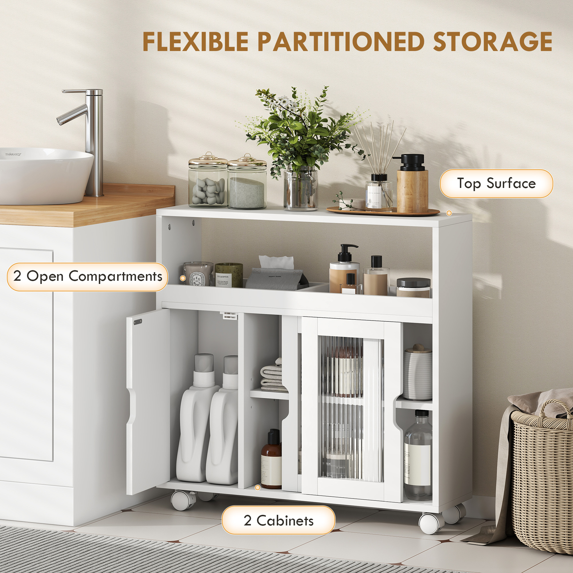  Dulap pentru Baie pe Rotile din Lemn cu Spatiu Deschis, Rafturi Reglabile si Usi din Sticla, 71x20x70 cm, Alb [3]