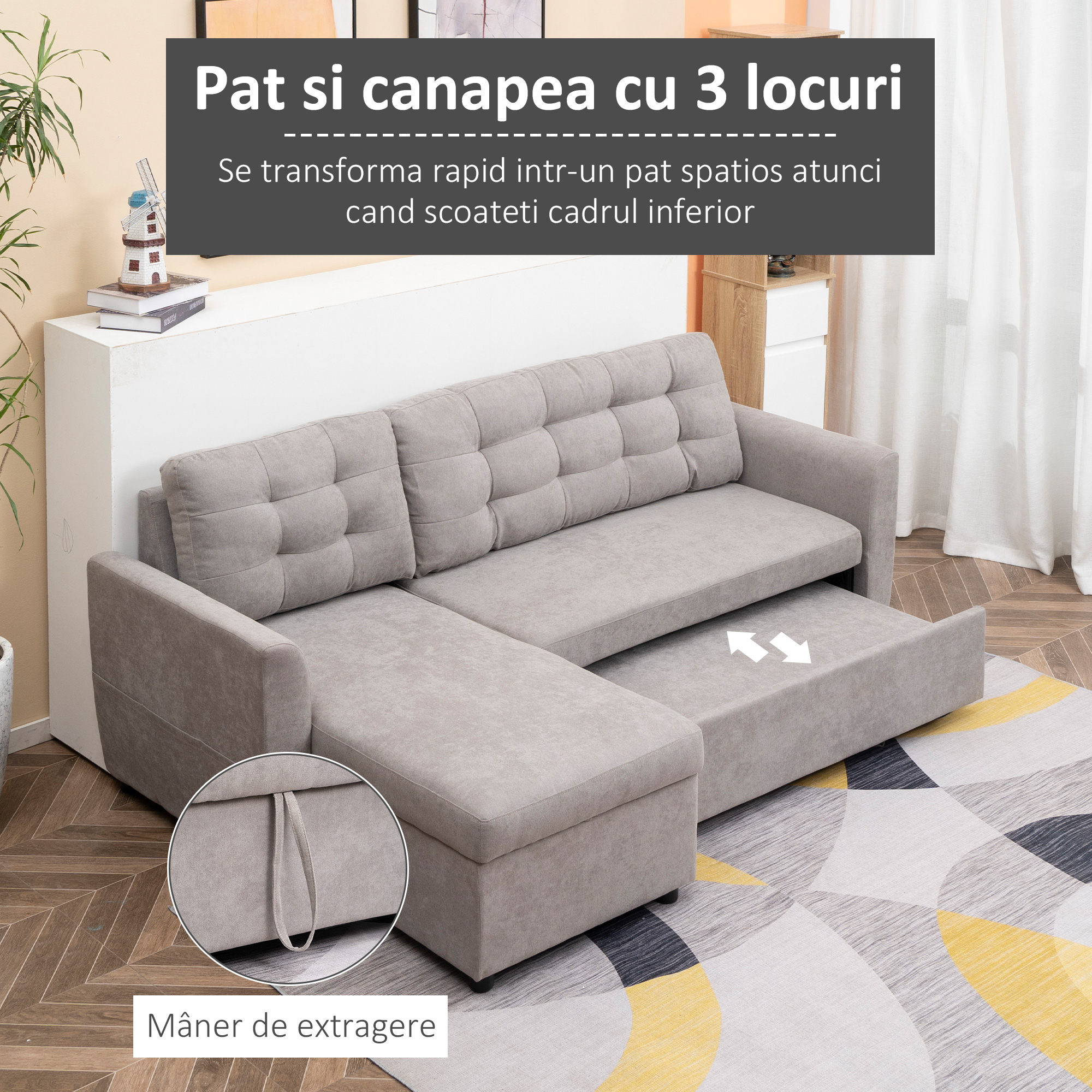  Canapea Extensibila pe Colt 3 locuri cu Sezlong Compartiment din Material Textil [3]