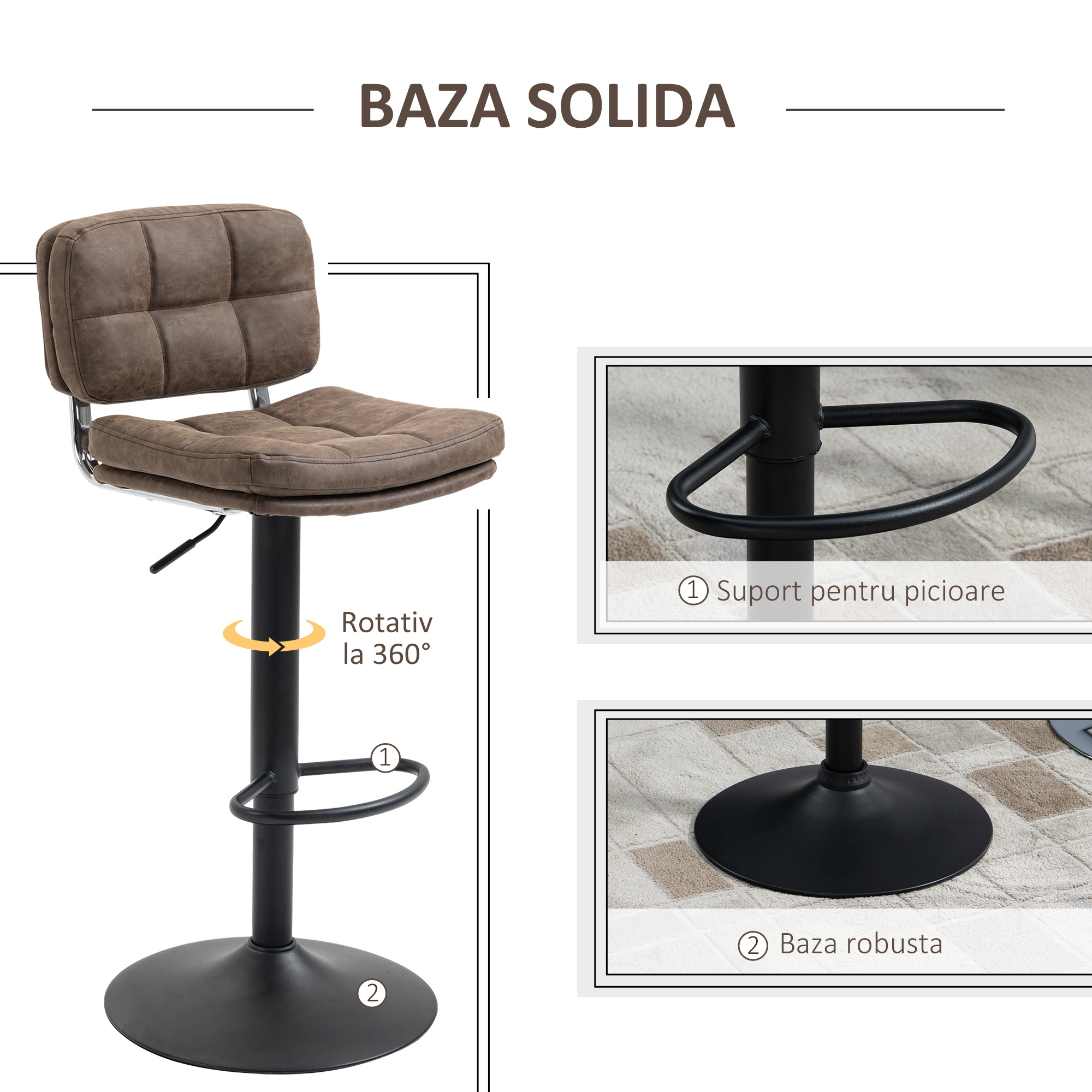  Set 2 Scaune de Bar Pivotante din Imitatie de Piele Inaltime Reglabila Negru [4]