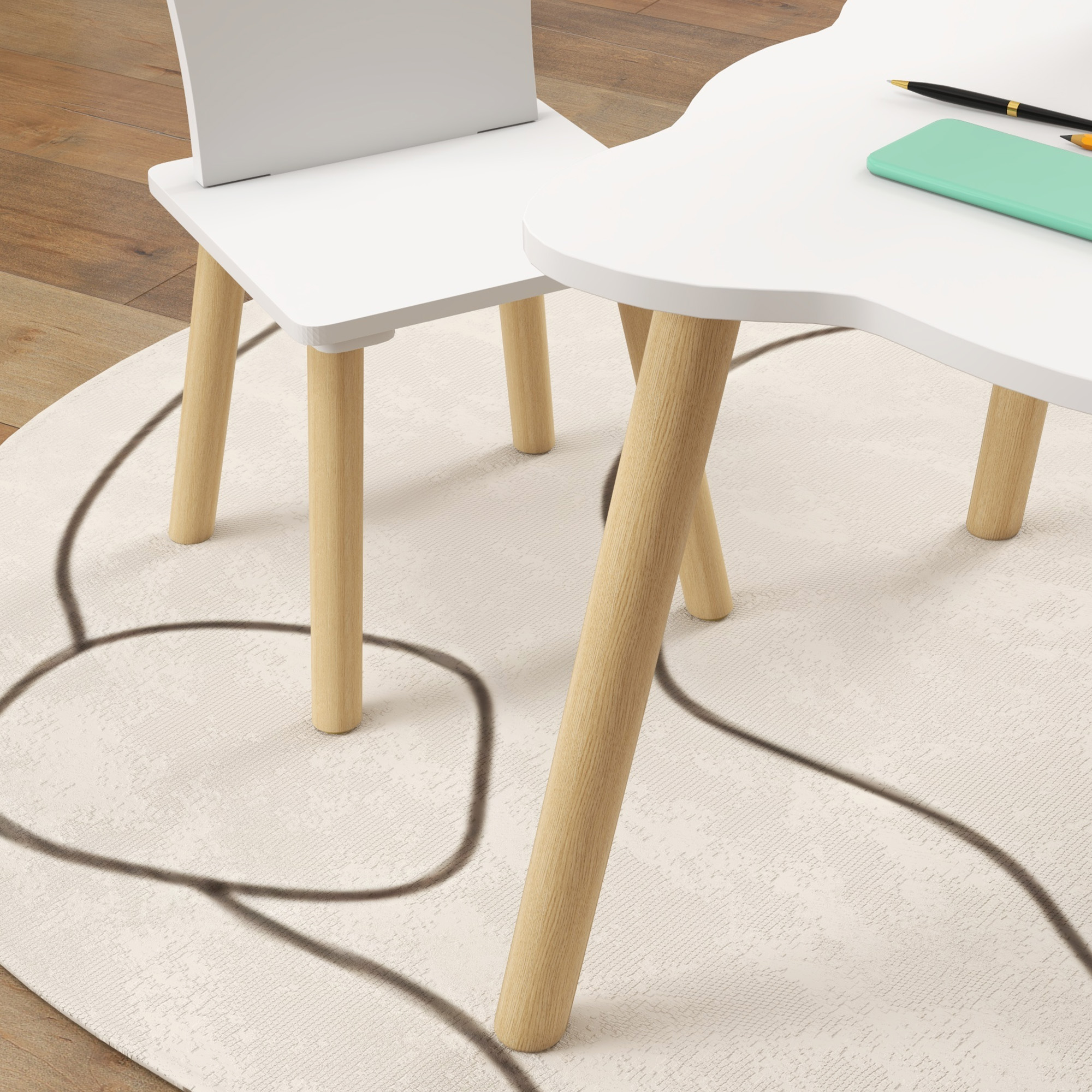  Set Masa si 2 Scaune pentru Copii 3-6 Ani, Masa Ondulata si Scaune in Forma de Coroana, 60x60x44 cm, Alb [8]