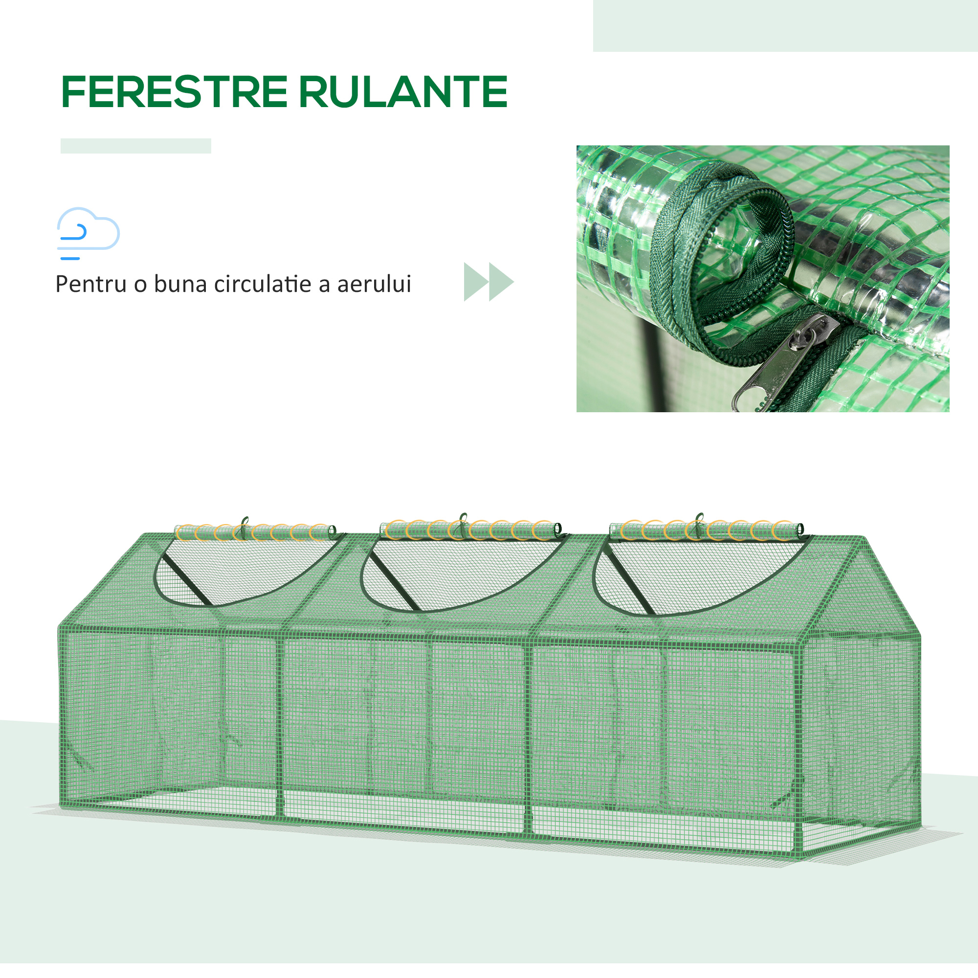  Mini sera de gradina, Sera compacta cu 3 ferestre rulou, protectie PE Anti-UV si cadru din otel, pentru plante, legume si fructe, 180×60×60 cm [4]