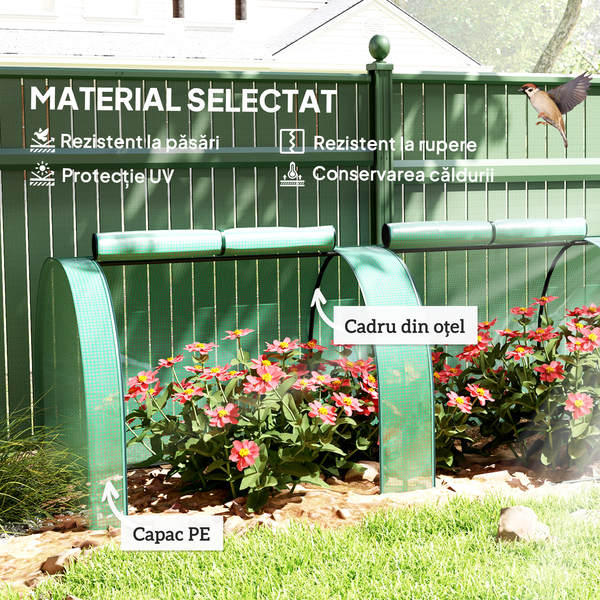  Sera Tip Tunel din Otel si Plastic Impermeabil Anti UV cu 4 Usi, 395x100x80 cm, Verde [3]