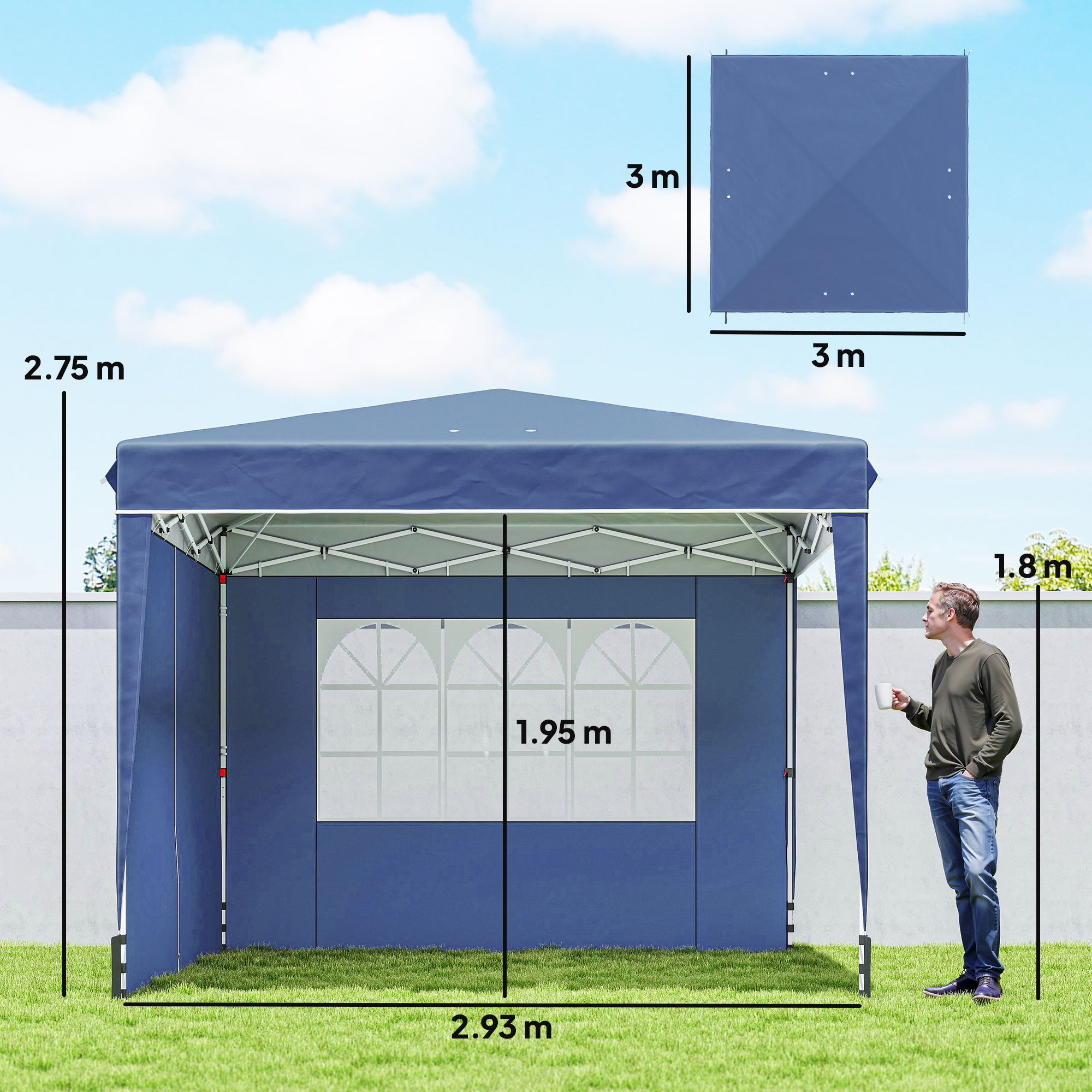  Foisor 3x3 m Pliabil Pop Up cu inaltime Reglabila, Foisor de Gradina cu Pereti Laterali, Saci de Nisip, Geanta de Transport, UV50+, pentru Exterior, Camping, Petreceri, Albastru inchis [2]
