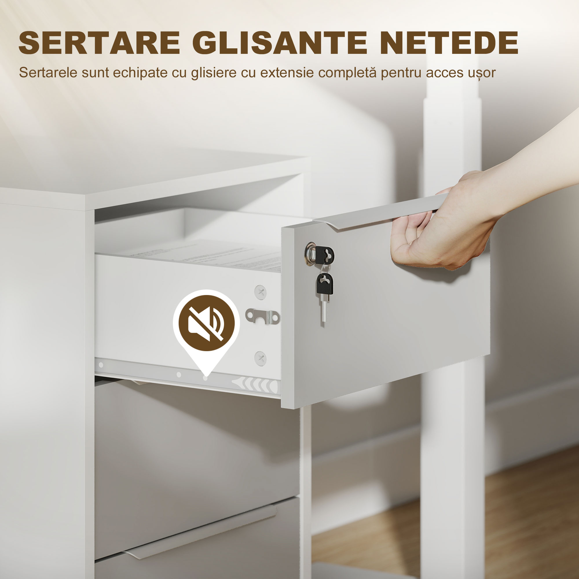  Schedario per Ufficio a 3 Cassetti con Chiavi di Sicurezza e 4 Ruote, in Legno, 40x40x63.5 cm, Bianco e Grigio [6]