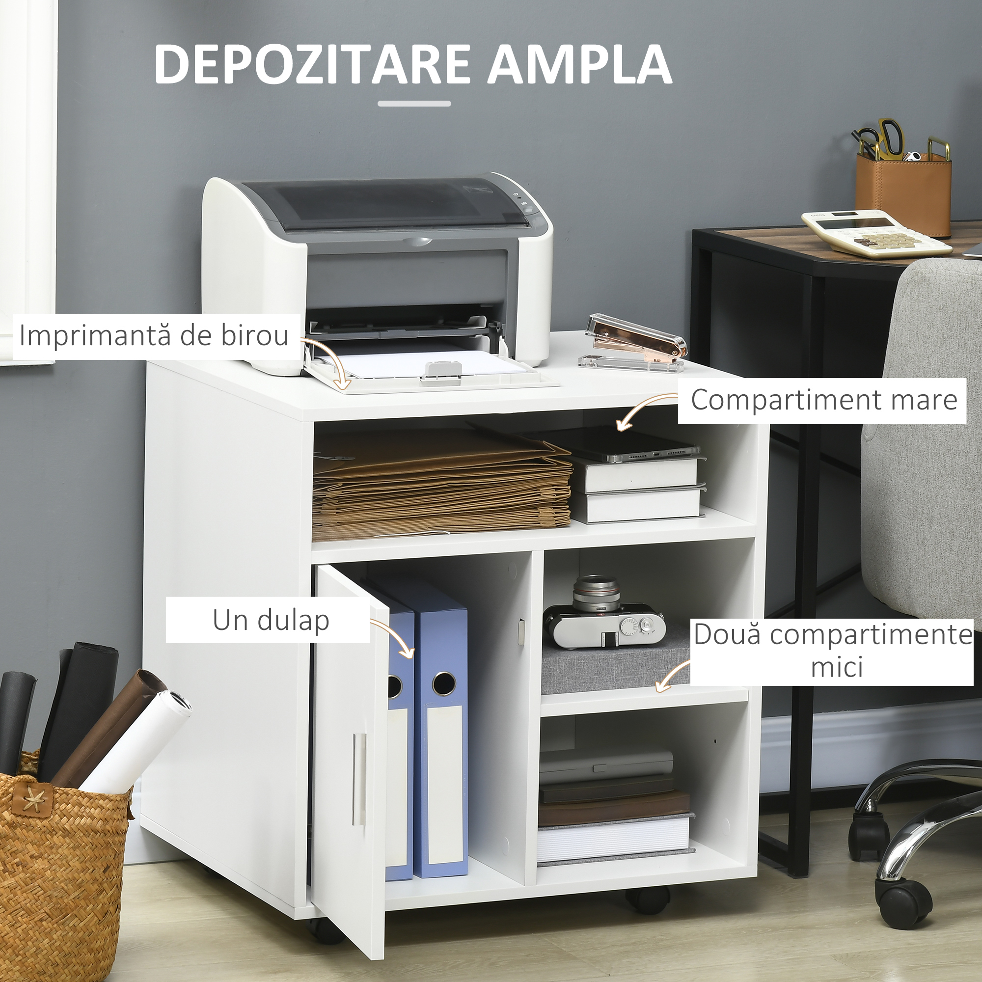  Dulap Imprimanta - Alb 60×50×65,5 cm cu Rafturi & Spatiu Depozitare [3]