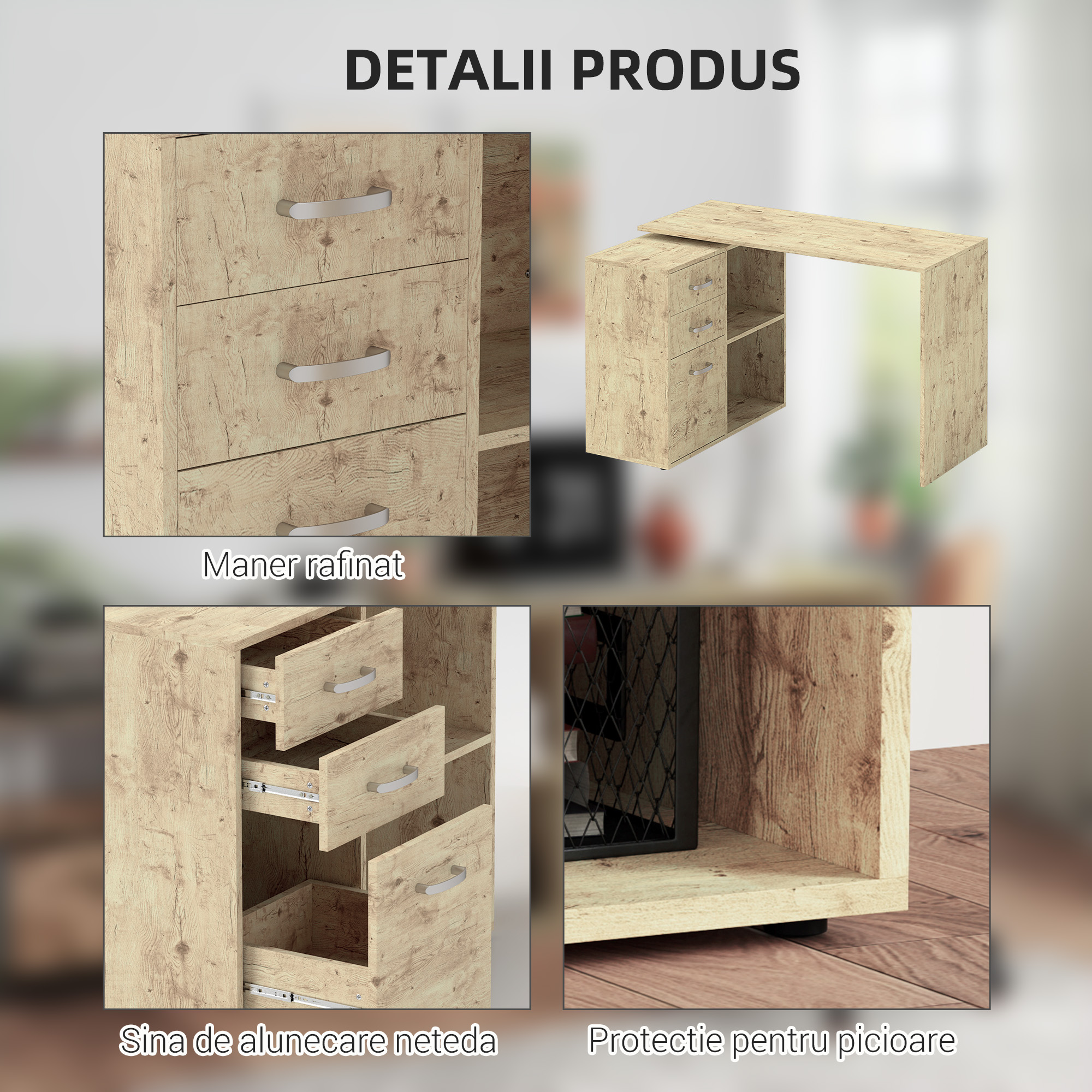  Birou Coltar pentru PC cu 3 Sertare si Rafturi Deschise, din Lemn si Metal, 117x83.5x76 cm, Nuc [7]