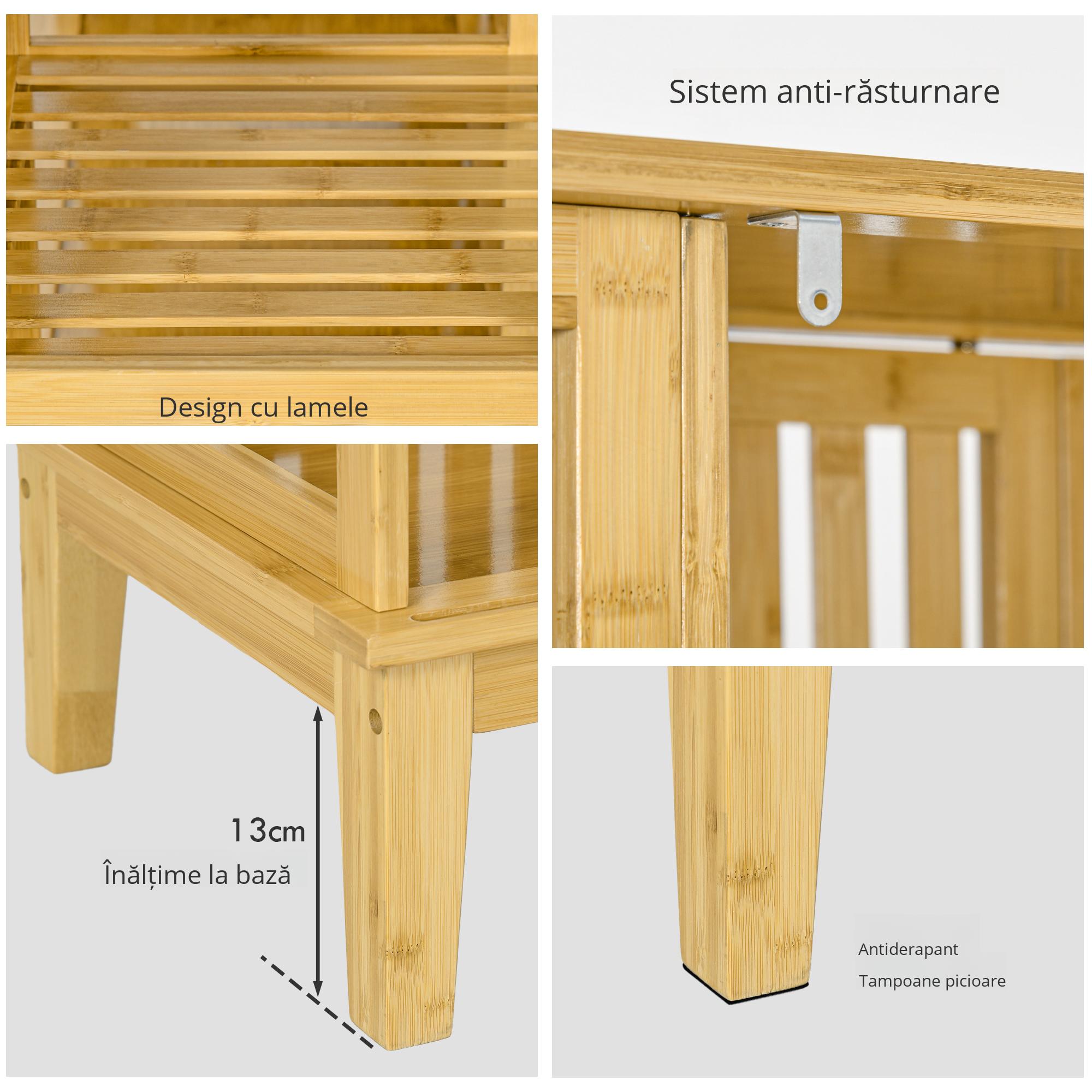  Dulap Deschis din Bambus cu 2 Usi Glisante, Rafturi Deschise si Bara pentru Umerase, 145x35x165cm [6]