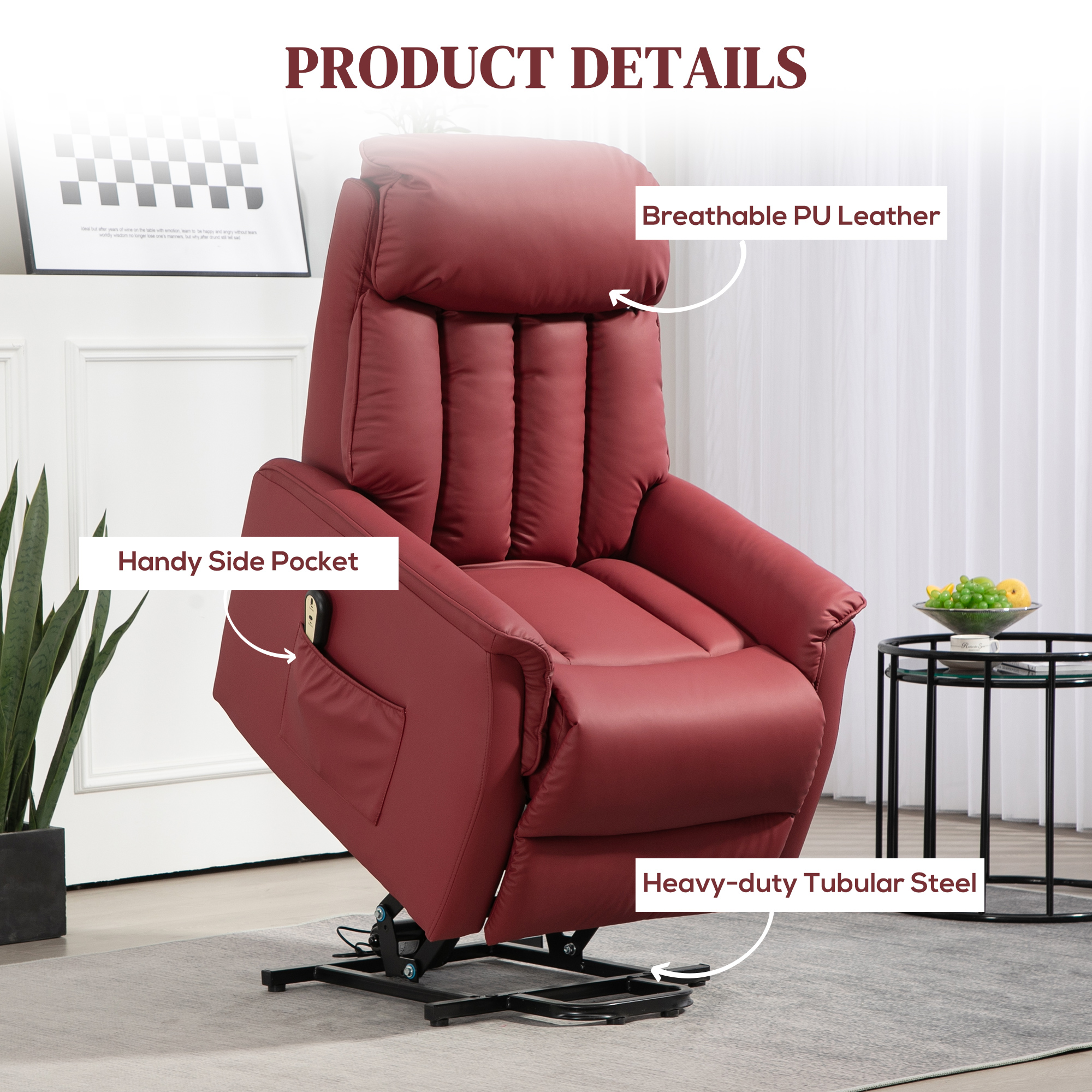  Fotoliu Relax Reclinabil cu Functie de Ridicare Electrica, Telecomanda si Suport pentru Picioare, 80x94x104cm, Rosu [6]