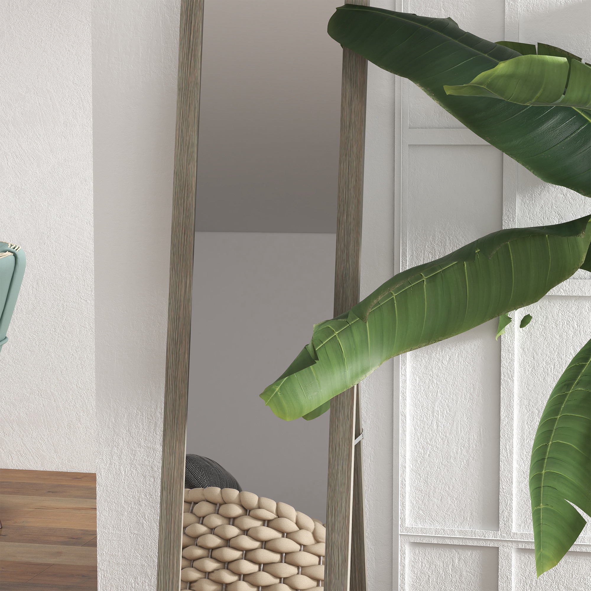  Oglinda Autoportanta Moderna, 37x157 cm, Oglinda de Perete si de Podea in Marime Naturala cu Rama din Lemn si Suport, pentru Dormitor, Living si Hol, Gri [8]