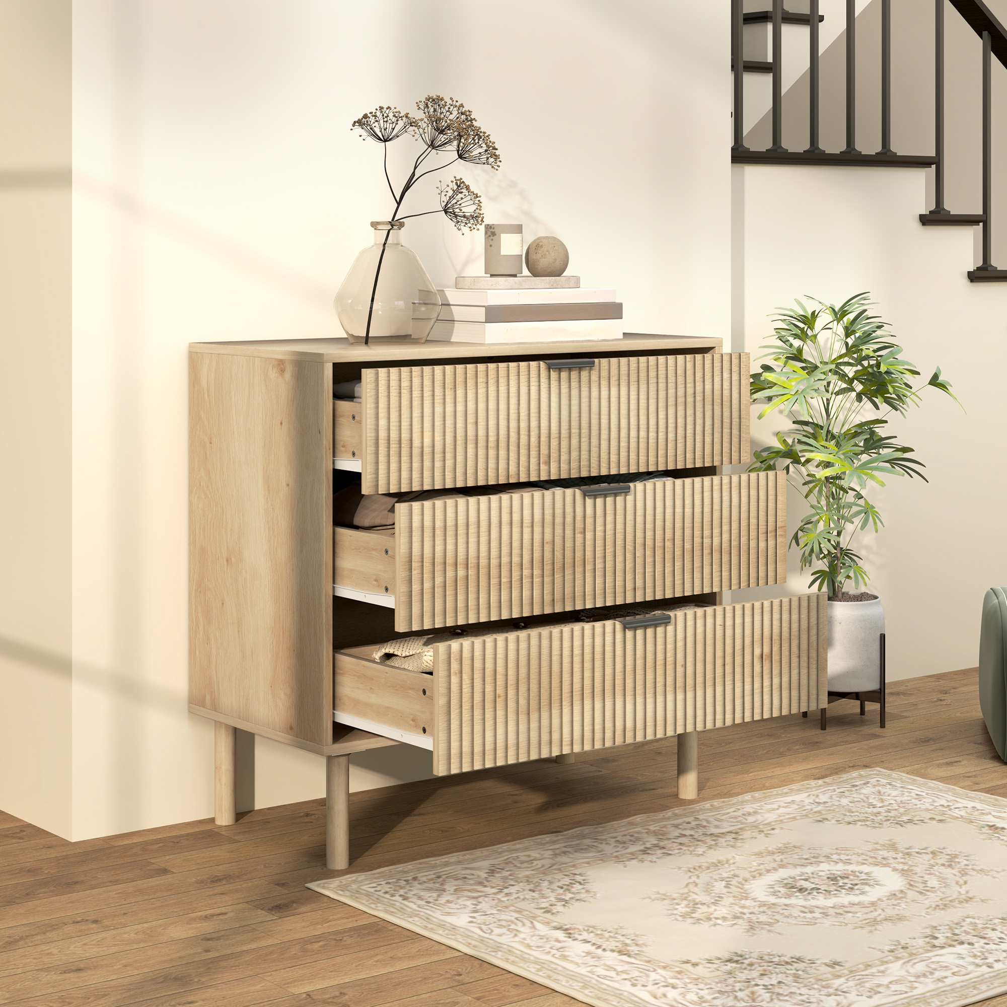 Comoda cu 3 Sertare, Picioare din Lemn Masiv si Design Canelat, 80x40x77,5 cm, Lemn Natural [6]