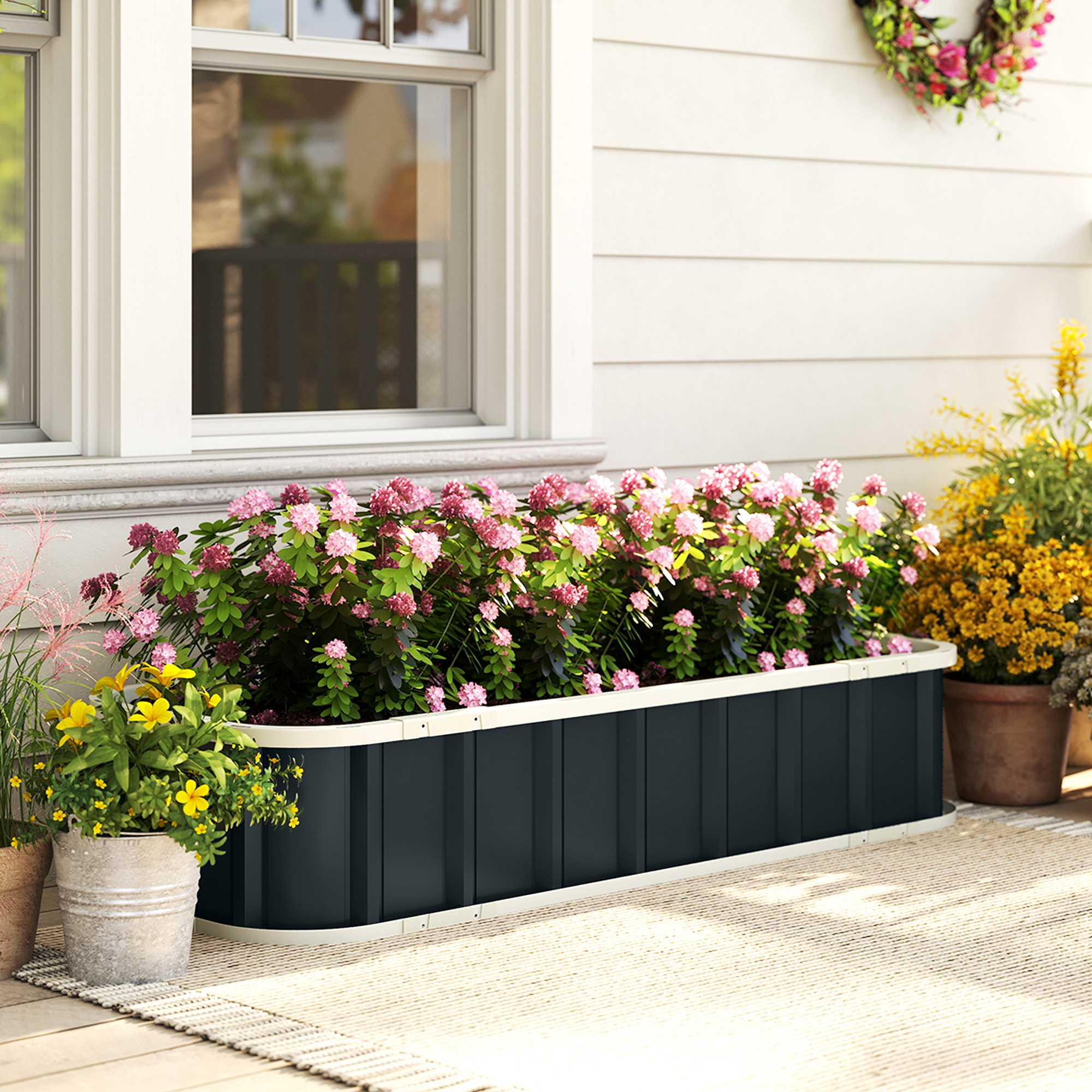  Pat de Gradina Ridicat pentru Exterior cu Baza Deschisa, Manusi, Margini Pliate, Jardiniera din Otel Galvanizat, pentru Plante, Flori, Legume, Balcon Gradina, 136x52x31 cm, Gri inchis [1]