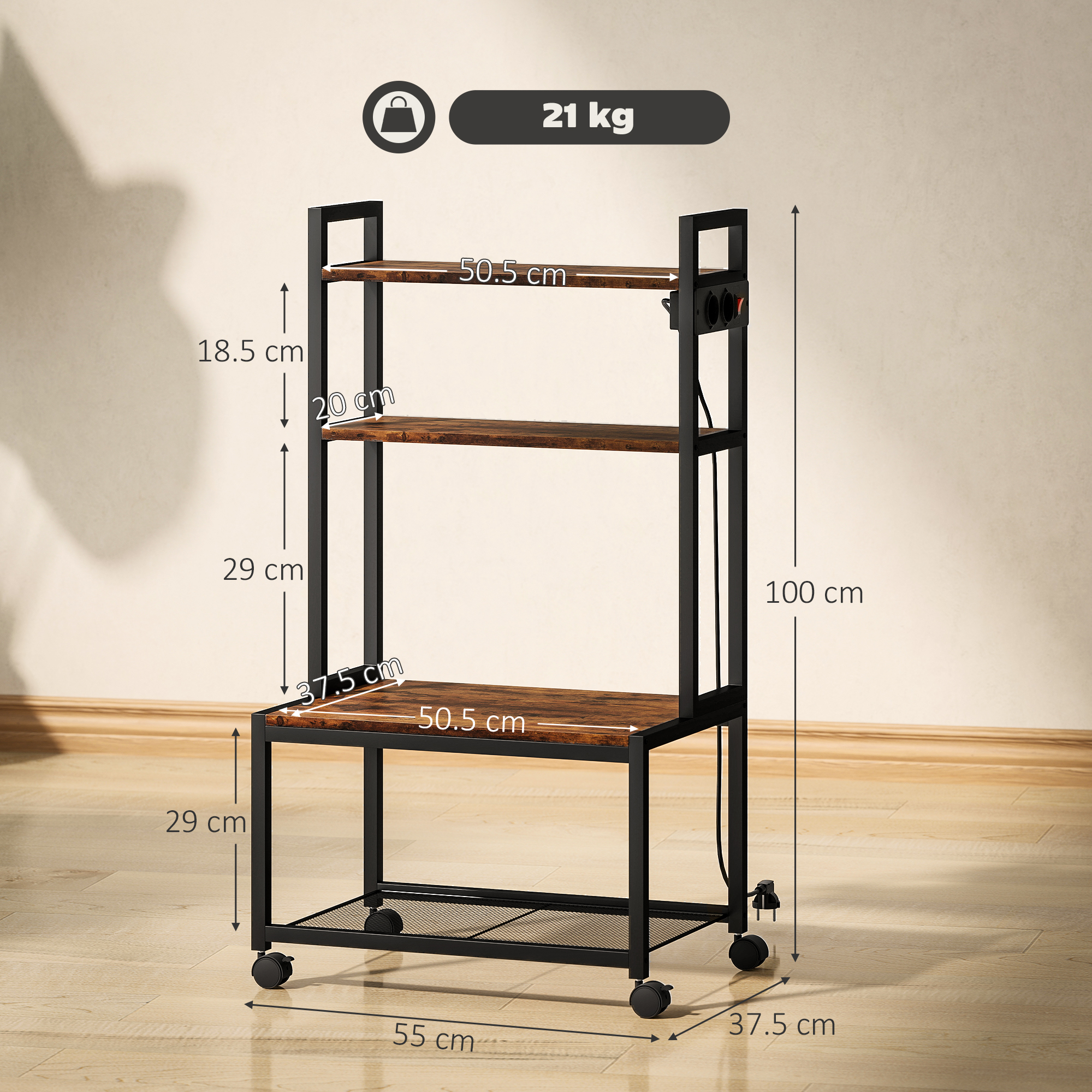  Raft Mobil pentru Imprimanta cu 4 Niveluri, Prize de Curent, Roti si Cadru din Metal, 55x37.5x100 cm, Maro [2]