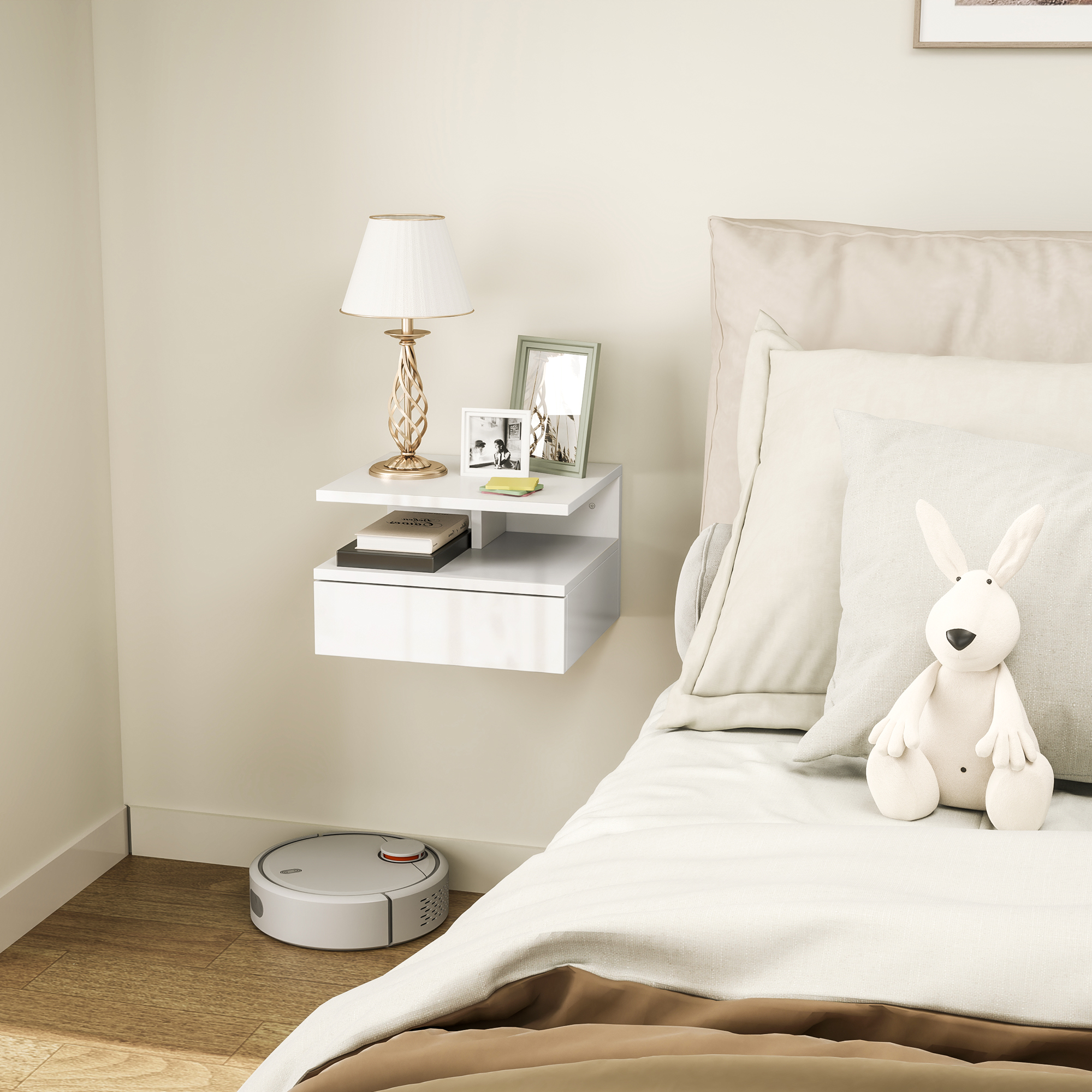  Noptiera Suspendata pentru Dormitor cu Sertar si Raft Deschis din Lemn, 35x32x22.5 cm, Alb [1]