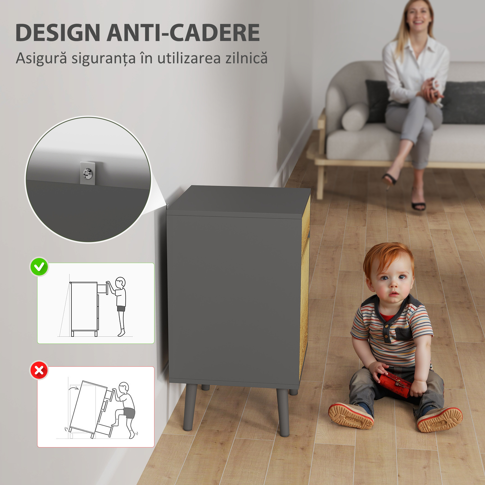  Noptiera Moderna cu Sertar si Dulapior fara Manere Gri inchis [5]