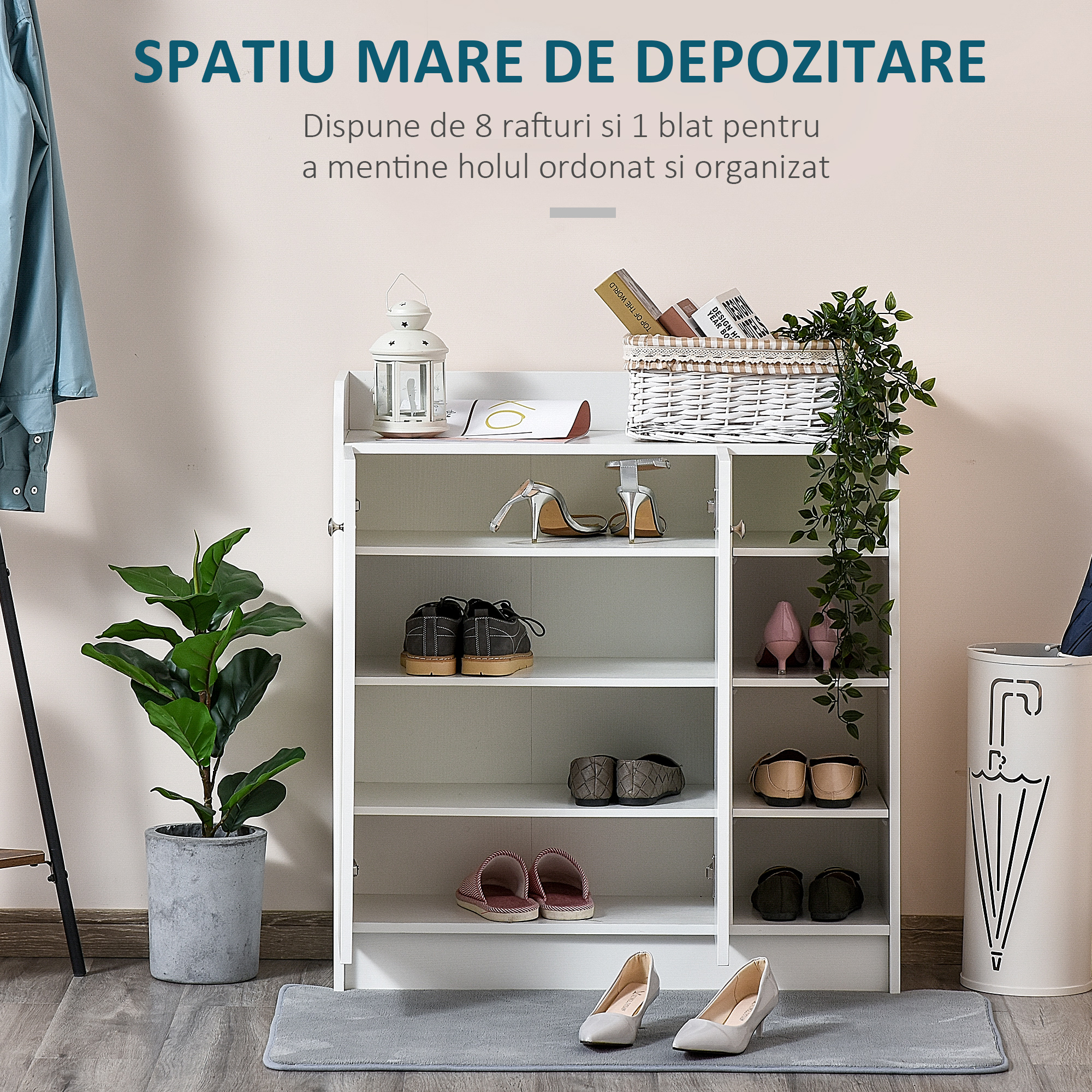  Suport Pantofi Lemn Alb - 83×30×90 cm cu Rafturi Deschise [3]