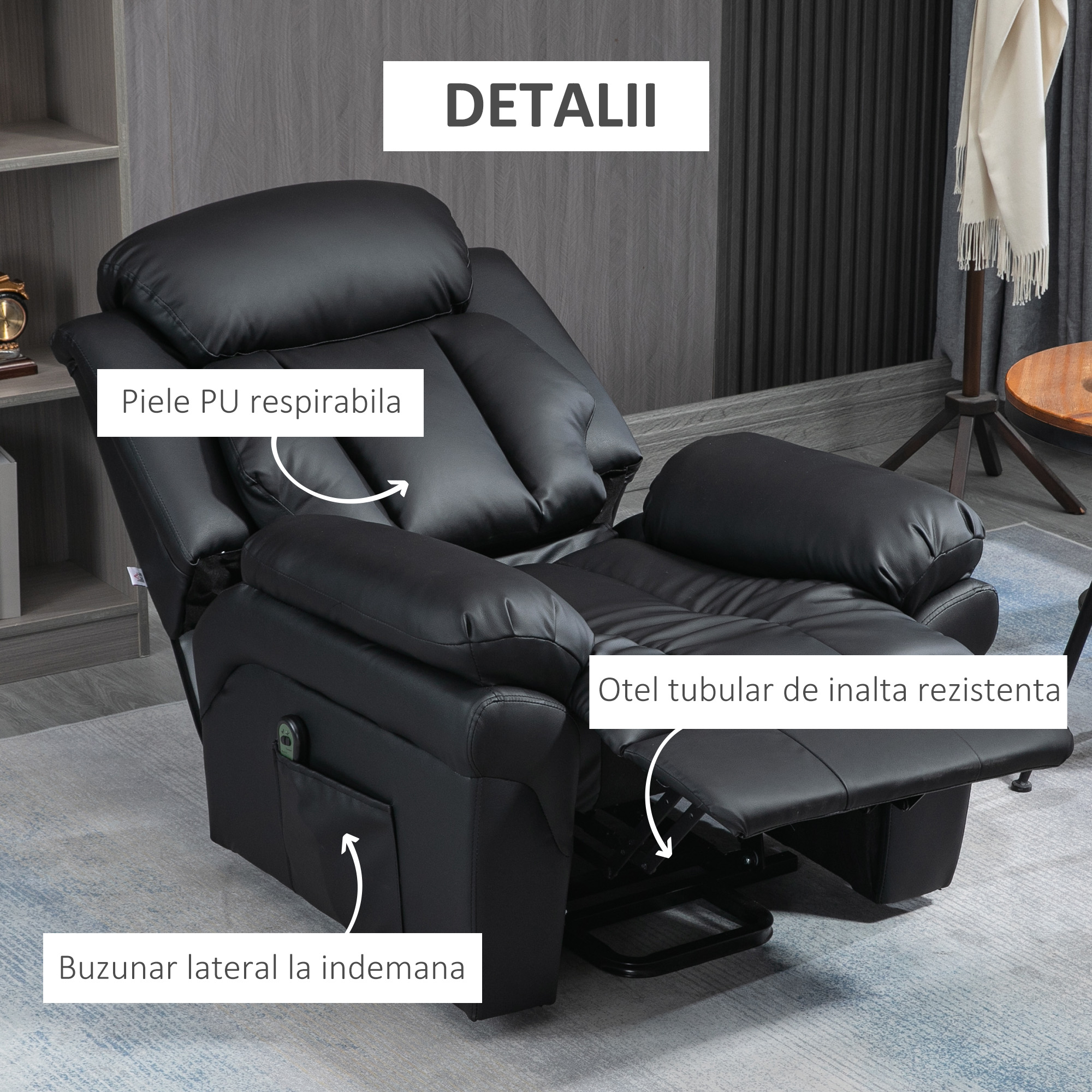  Fotoliu Recliner Electric cu Functie de Ridicare, Tapiterie Groasa si Telecomanda, 96x93x105 cm, Negru [5]