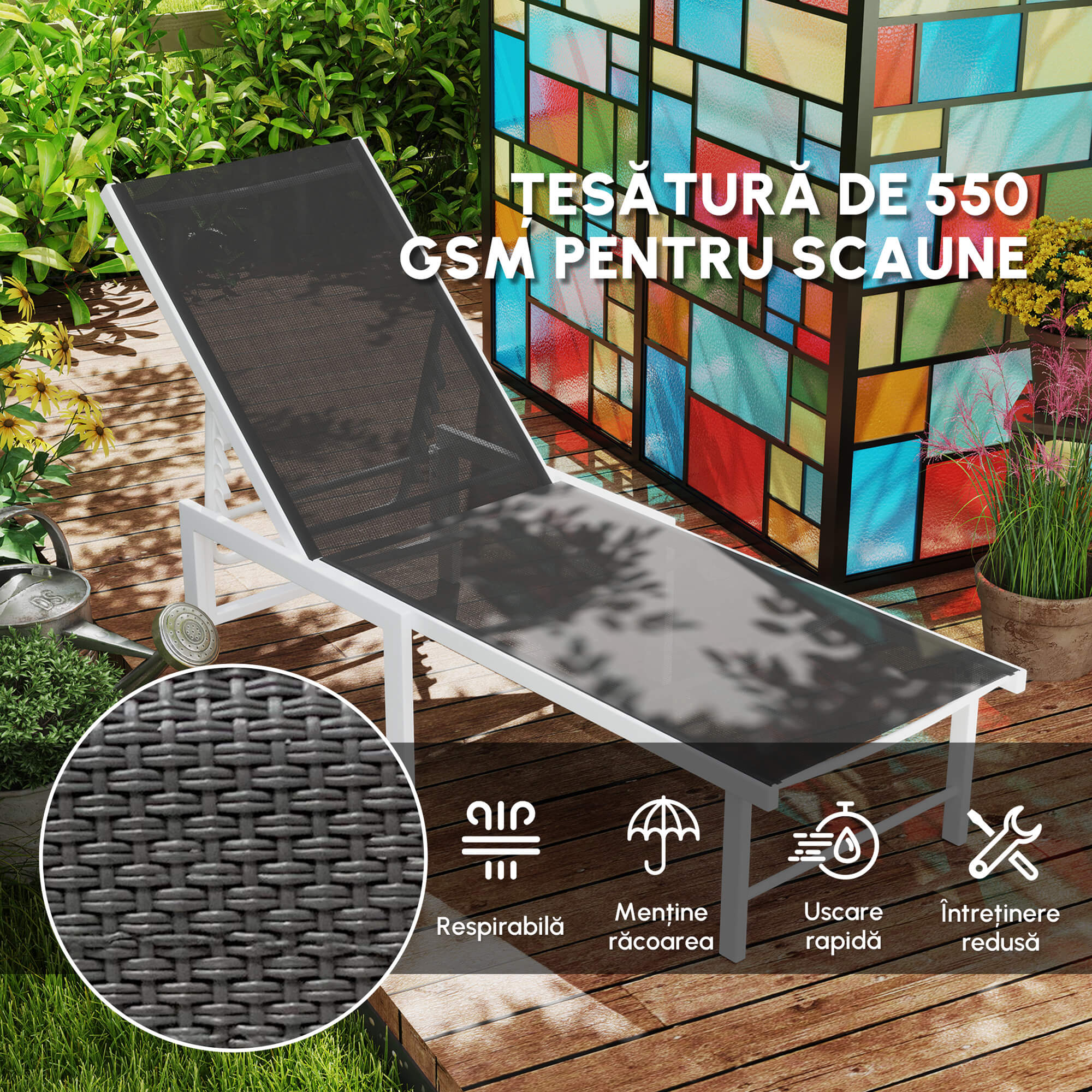  sezlong cu spatar reglabil pe 5 niveluri, din otel si textilen, 60x166x84 cm, alb si gri [4]