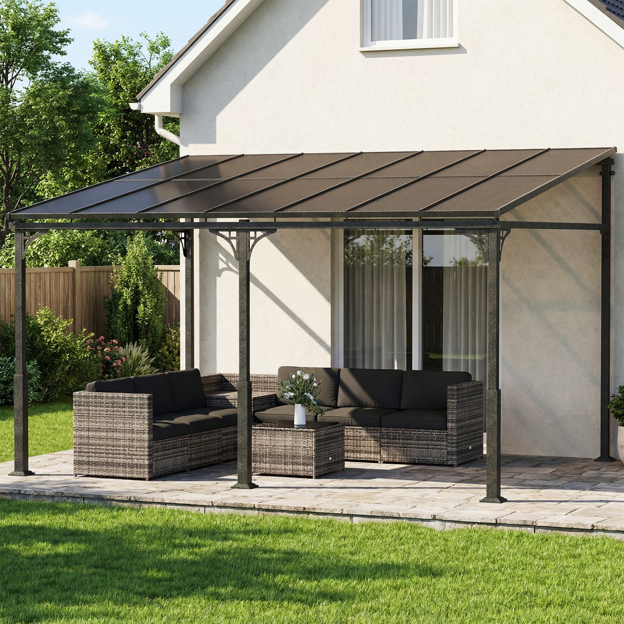  Pergola Adosata 4x3 m cu Acoperis din Policarbonat, Foisor din Metal si Aluminiu cu suruburi, pentru Exterior, Terasa si Gradina, Protectie UV, Maro [1]