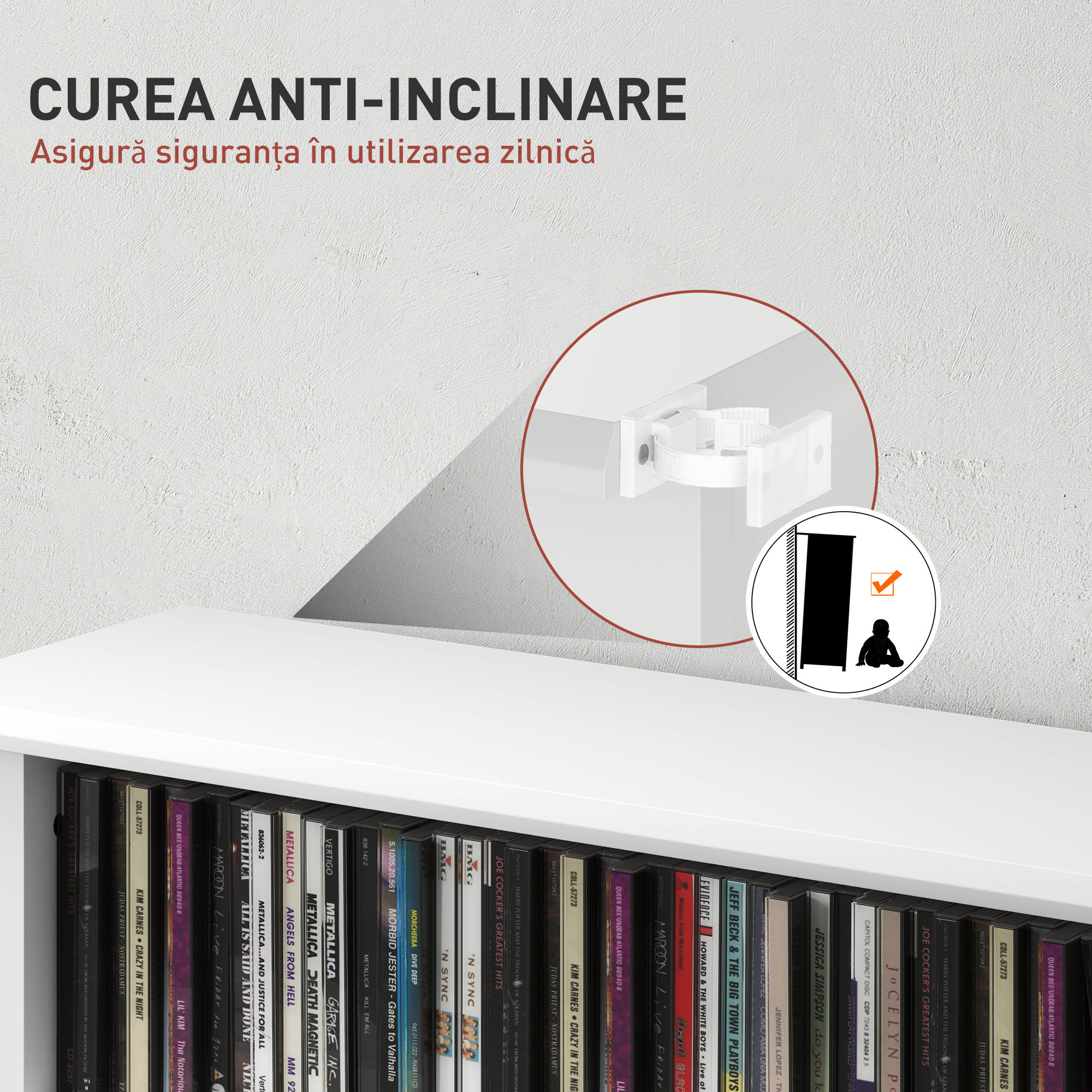  Raft pentru CD-uri cu 6 rafturi reglabile, capacitate de 360 CD-uri/185 DVD-uri, 58x24x124.5 cm, alb [5]