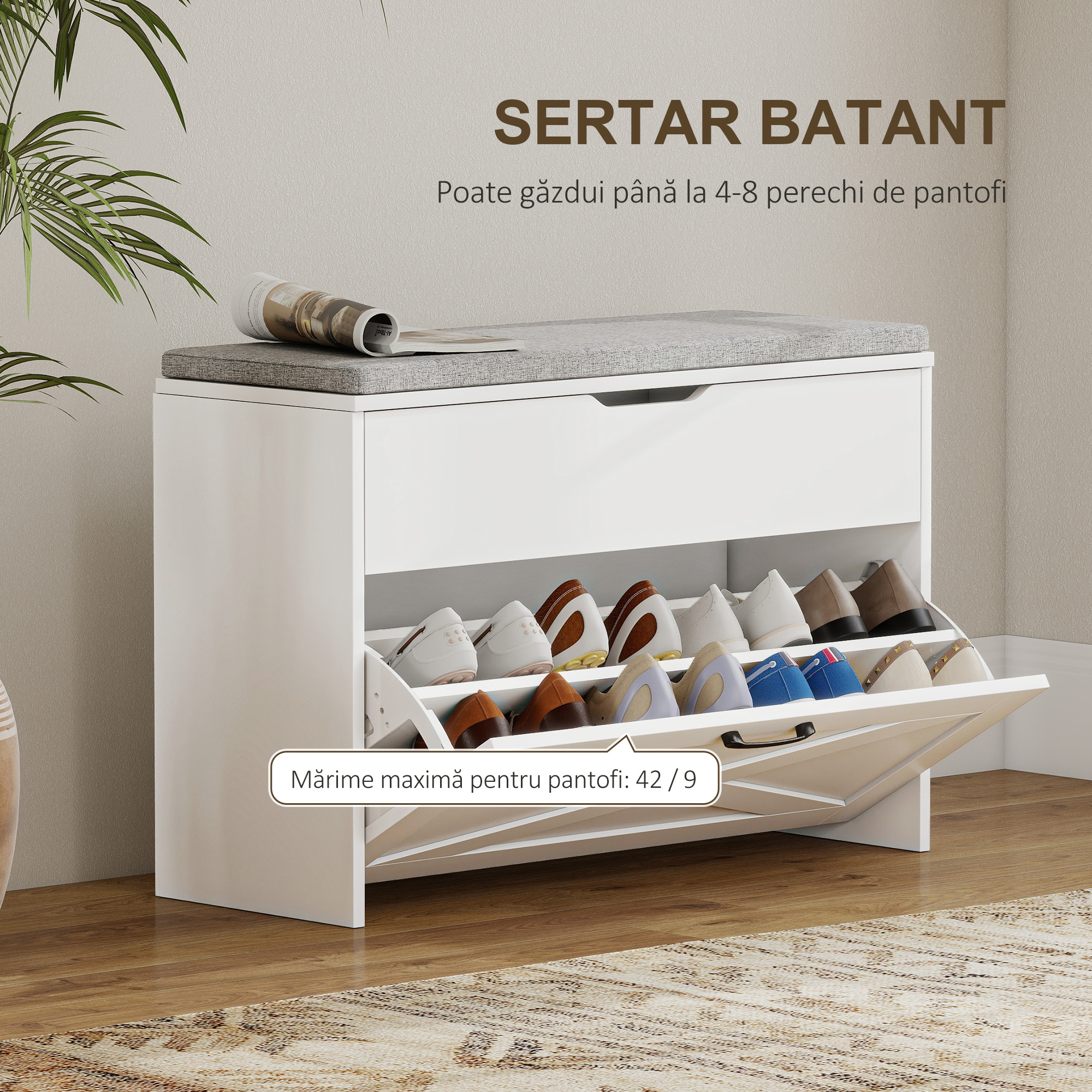  Banca pentru Pantofi cu Sertar Rabatabil si Compartiment de Depozitare, Capacitate 8 Perechi de Pantofi, 80x30x55 cm, Alb [3]
