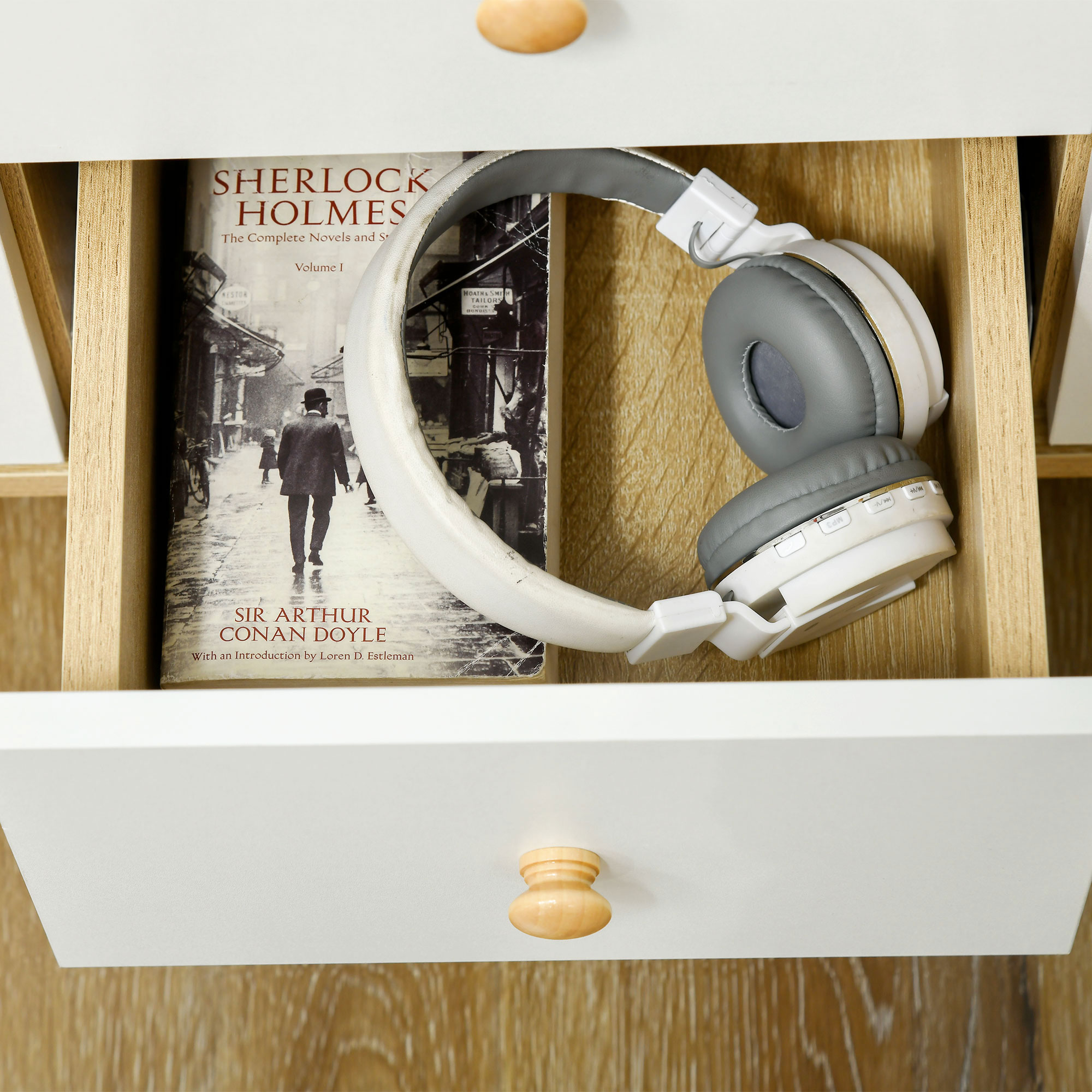  Bufet Modern din PAL si Lemn de di Pin cu 3 Sertare si 2 Dulapioare cu 2 Niveluri, 90x32x80 cm, Alb si Lemn Natur [7]