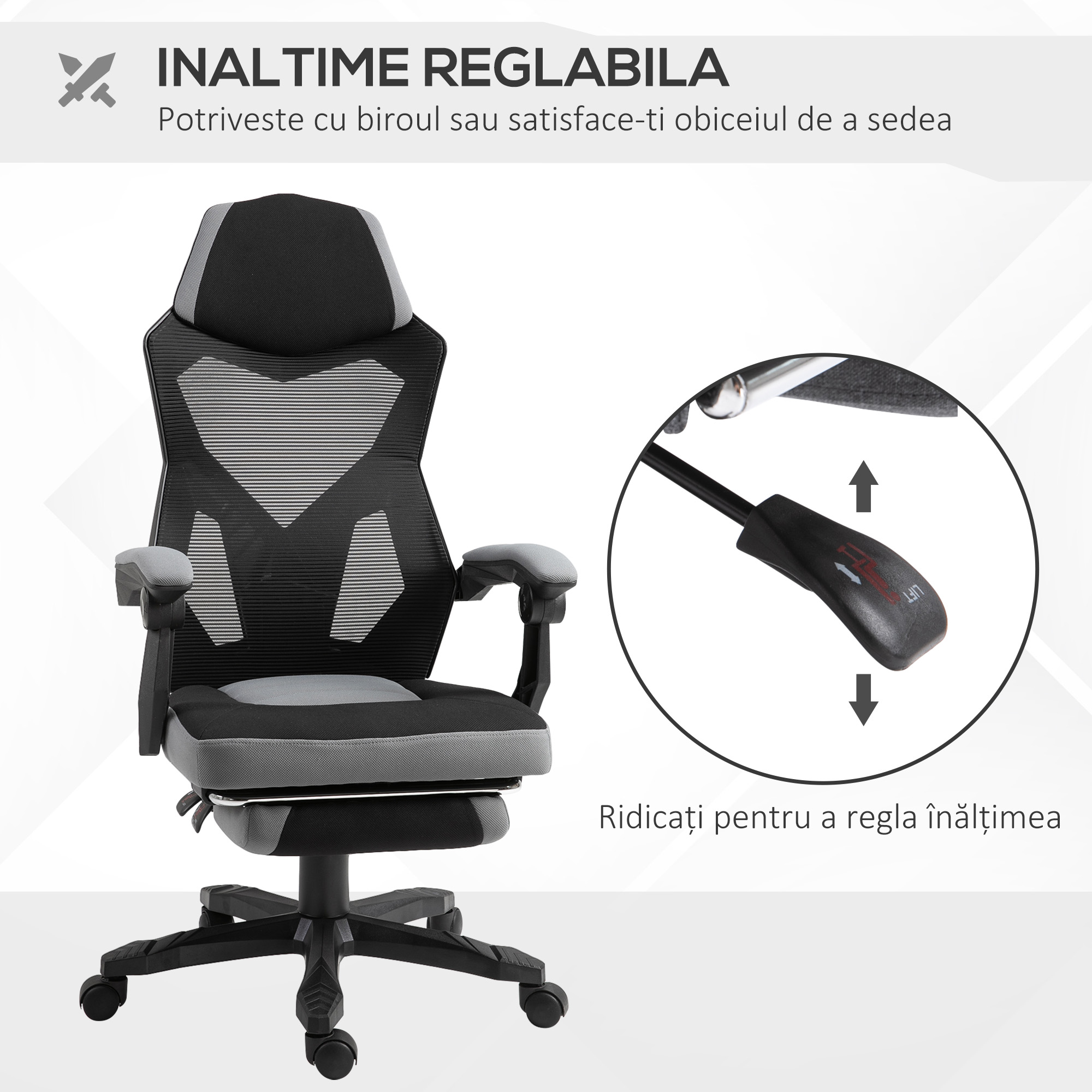  Scaun de Birou Ergonomic cu Spatar Reclinabil, Suport Picioare Retractabil, inaltime Reglabila, Gri [3]