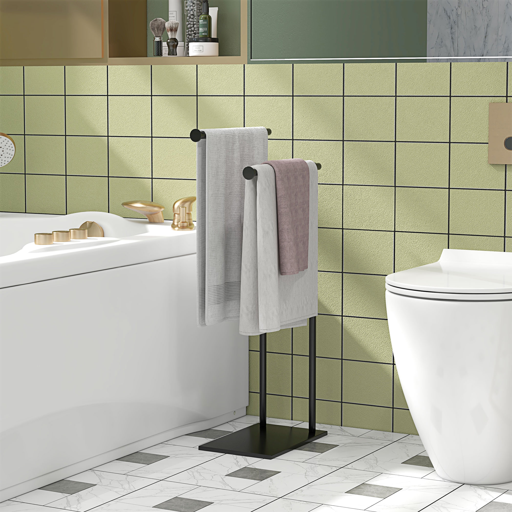  Suport prosoape de baie autoportant cu 2 brate din metal, 35.5x20x78 cm, negru [1]