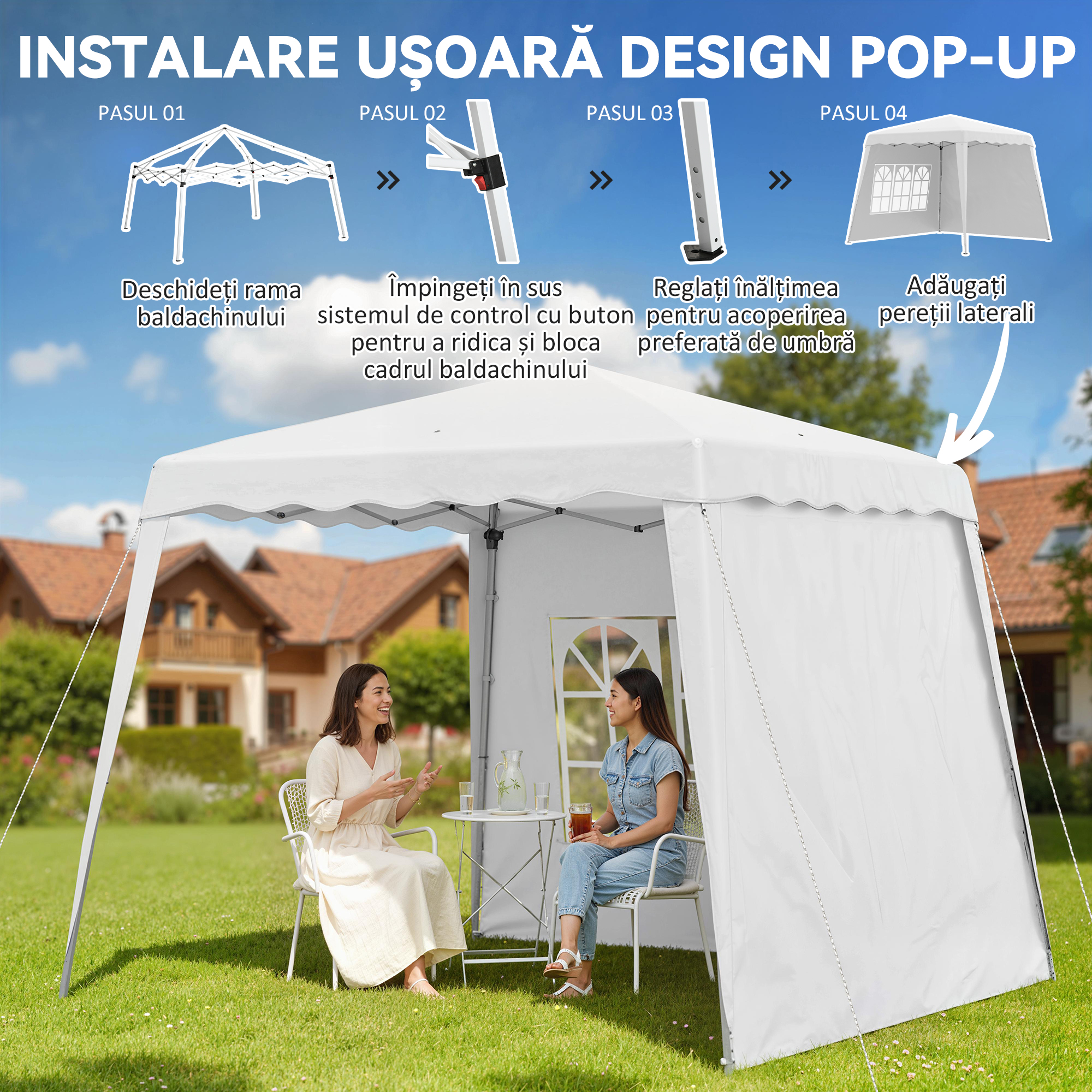  Pavilion pliabil cu 2 laterale, Stalpi oblici si geanta de transport, cort de evenimente inaltime reglabila UV50+, cort de gradina, curte, acoperis 2,4 x 2,4 m / baza 2,9 x 2,9 m, alb [4]
