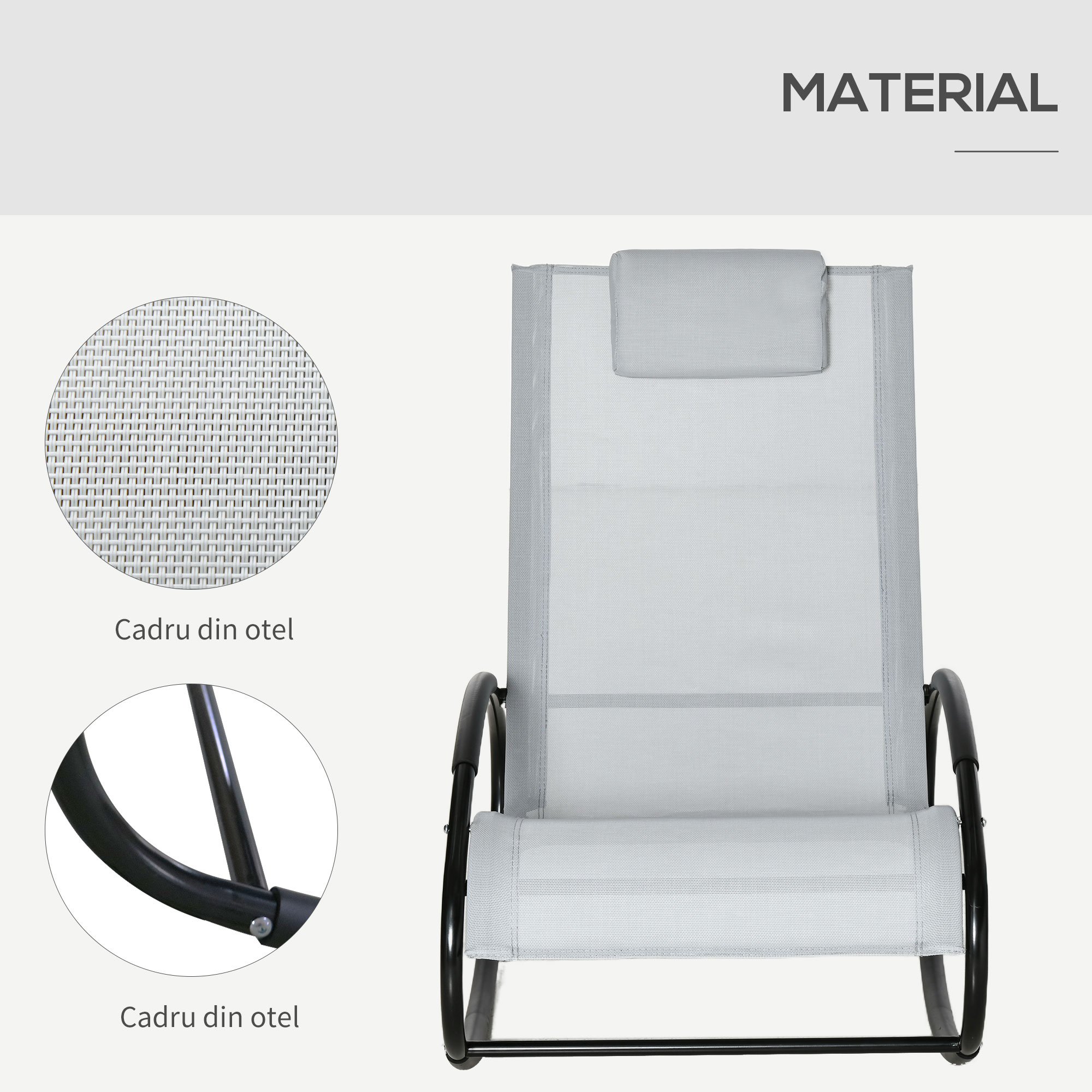  Sezlong de Gradina cu Gravitate Zero, Balansoar Ergonomic cu Perna si Tesatura Respirabila pentru Interior si Exterior, Gri [5]