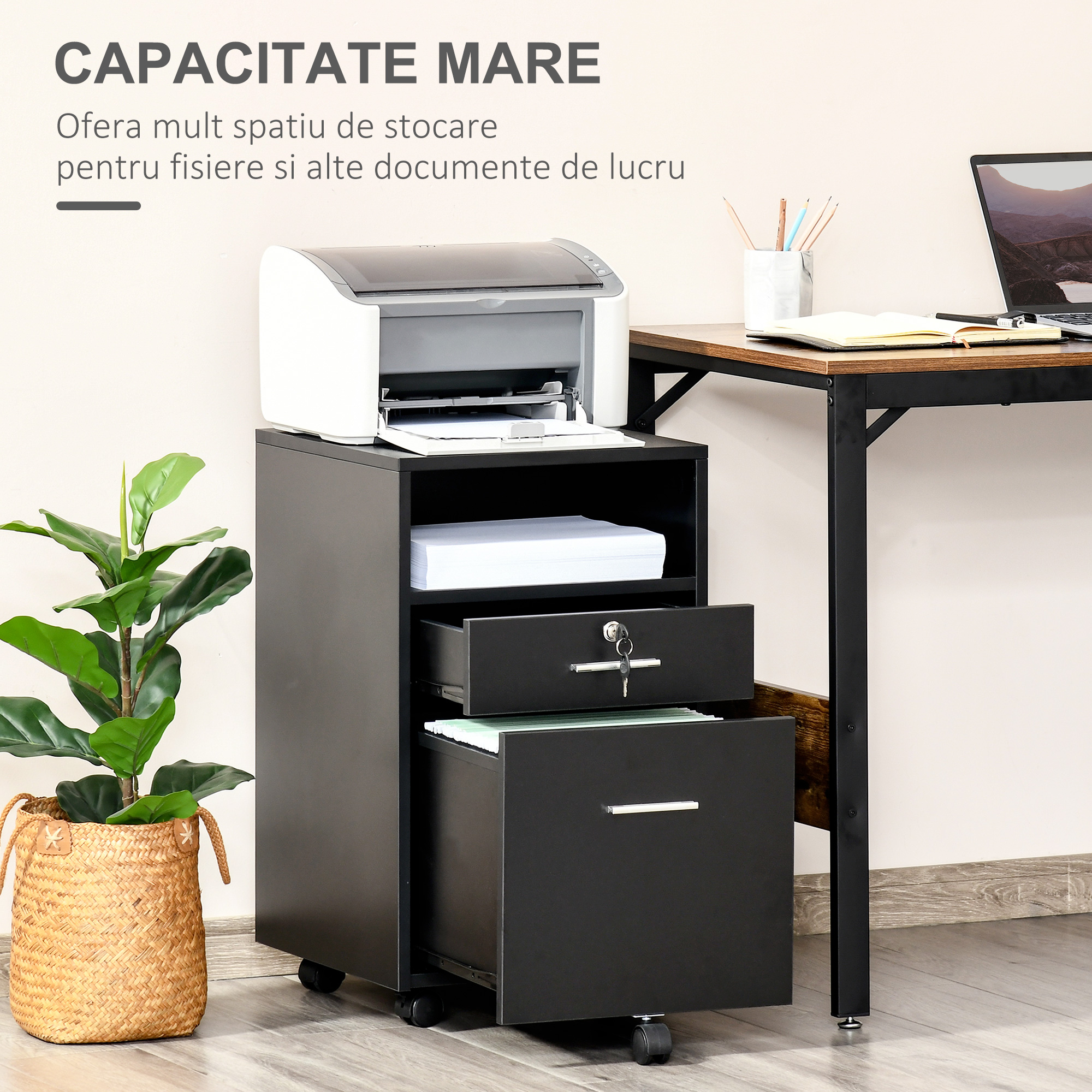  Comoda de Birou cu 2 Sertare si Raft Deschis, Mobilier cu 5 Rotile, incuietoare si 2 Chei, 39x40x65 cm, Negru [6]